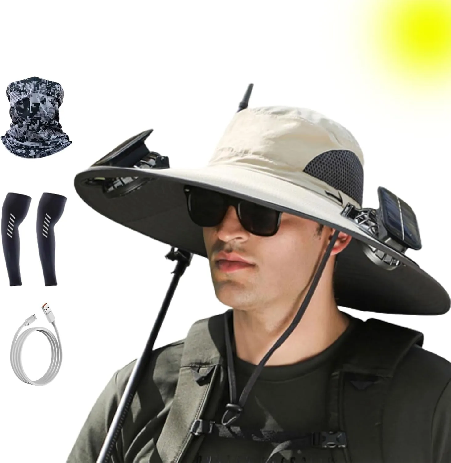 Wide Brim Solar Fan Outdoor Fishing Hat-Solar & USB Charging, Outdoor Solar Fan Hat UPF 50  for Fishing, Camping