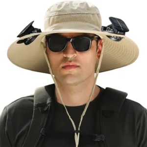 Wide Brim Solar Fan Outdoor Fishing Hat Waterproof Cooling Beach Hat with 2 Fans UPF 50  Unisex Gift Father's Day
