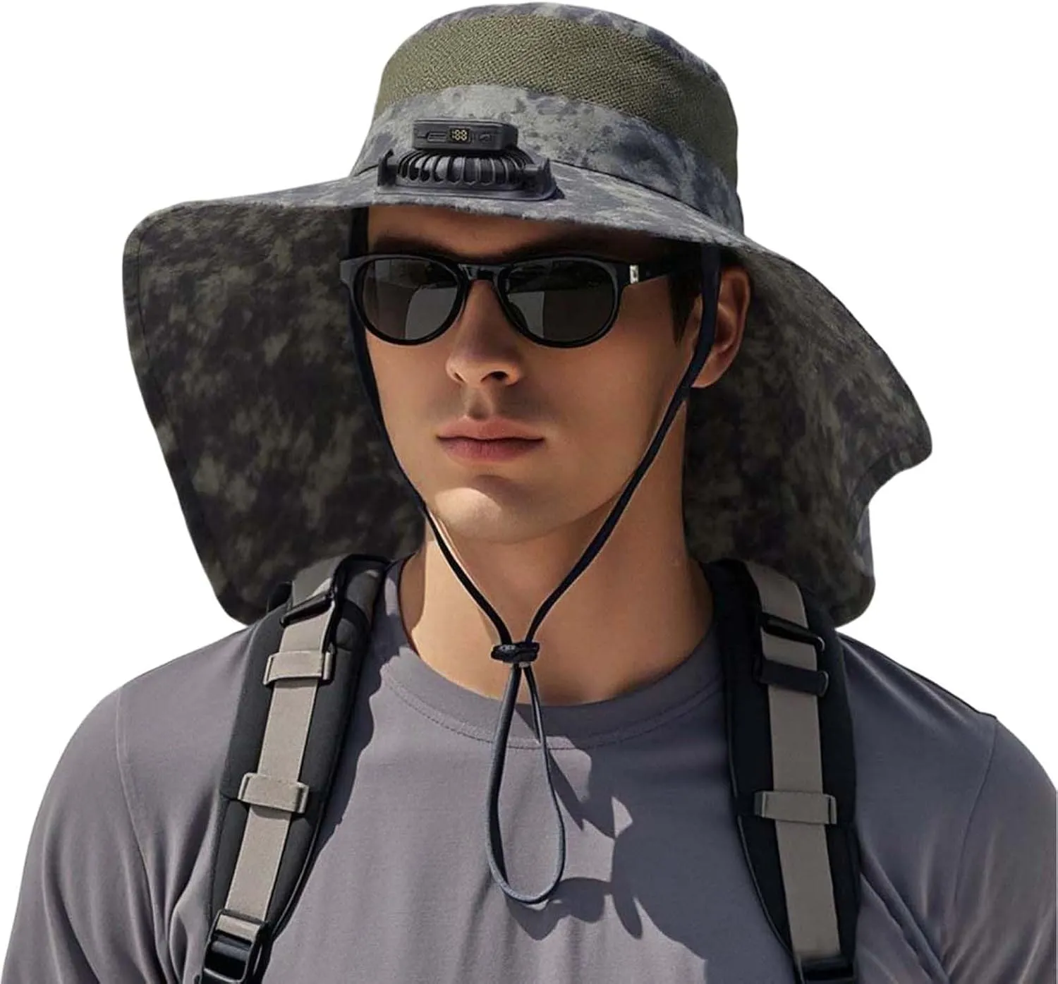 Wide Brim Solar Power Fan Hat, UPF 50  Bucket Hats with Solar Powered Fans for Camping Beach Hiking Fishing Outdoor