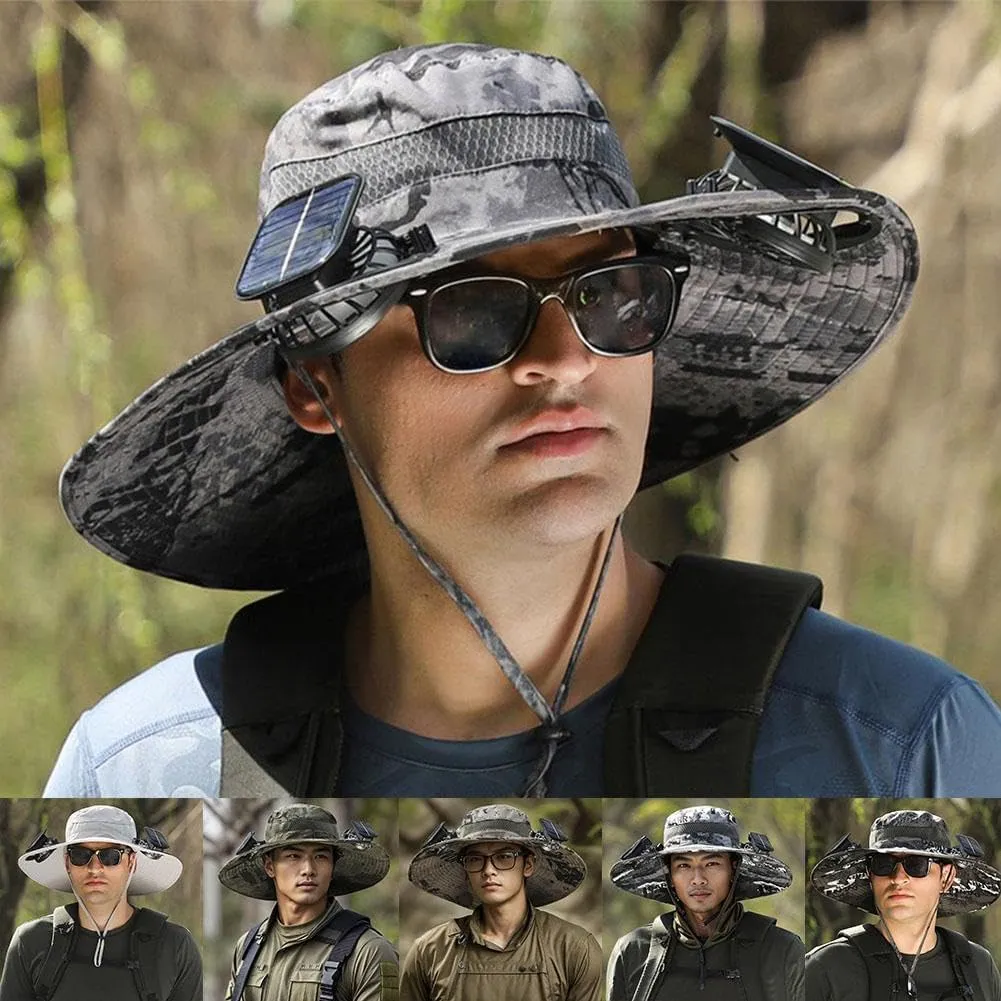 Wide Brim Sun Hat with 2 Solar Fan, Fishing Hat for Men, Solar Powered Fan Fishing Hats, 3 Speed Adjustable Fan Hat