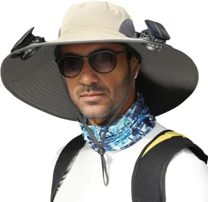 Wide Brim Sun Hat with 2 Solar Fan, Fishing Hat for Men, Solar Powered Fan Fishing Hats, 3 Speed Adjustable Fan Hat