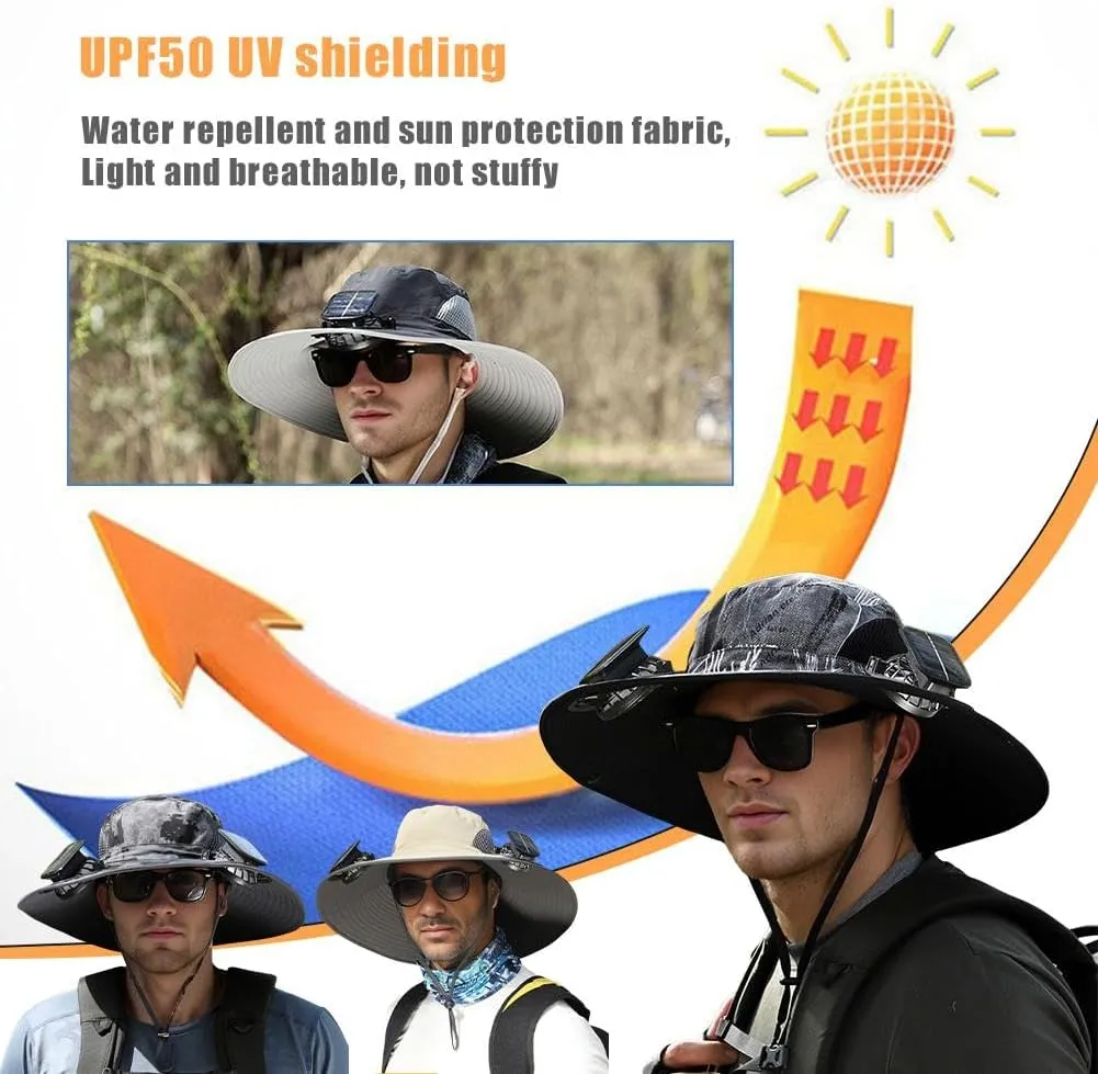 Wide Brim Sun Hat with 2 Solar Fan, Fishing Hat for Men, Solar Powered Fan Fishing Hats, 3 Speed Adjustable Fan Hat