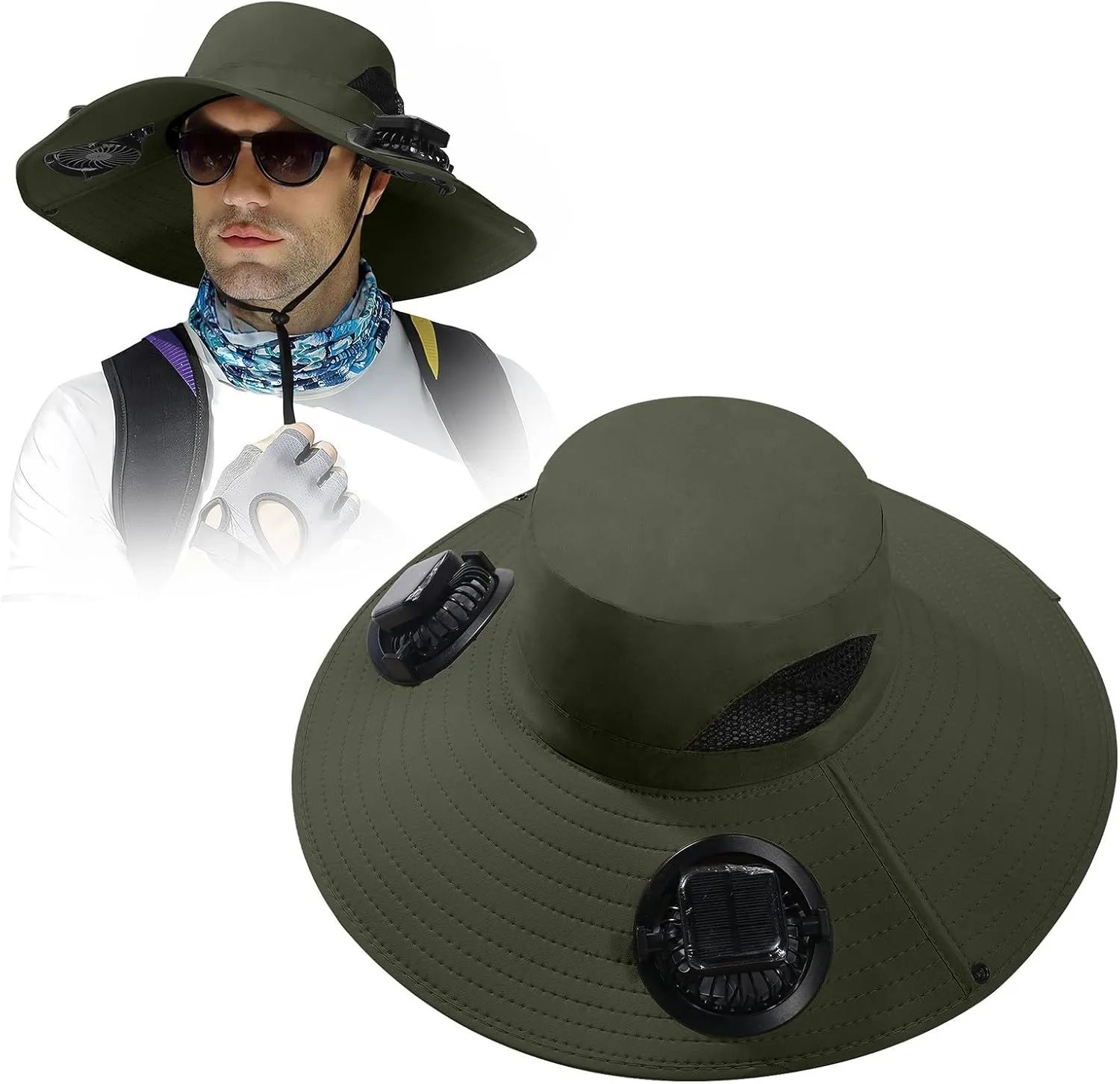 Wide Brim Sun Hat with 2 Solar Fan, Fishing Hat for Men, Solar Powered Fan Fishing Hats,Adjustable Fan Hat