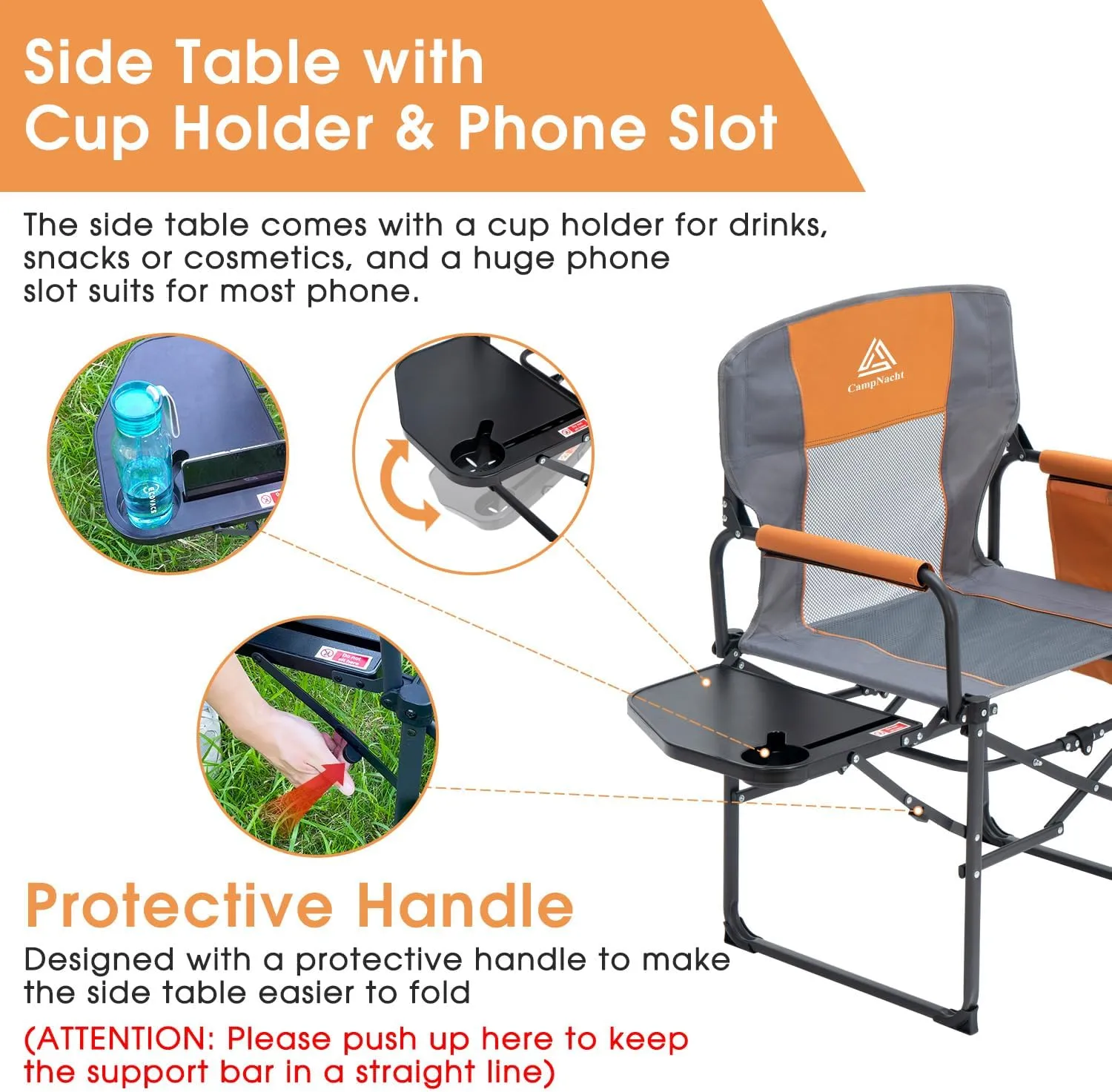 Wide Folding Director Chair with Table, Outdoor Camping Chair for Adults with Cup Holder Load 330 Lbs, Portable Lightweight Chair for Outside with Carry Bag for Patio, Orange-2Pack