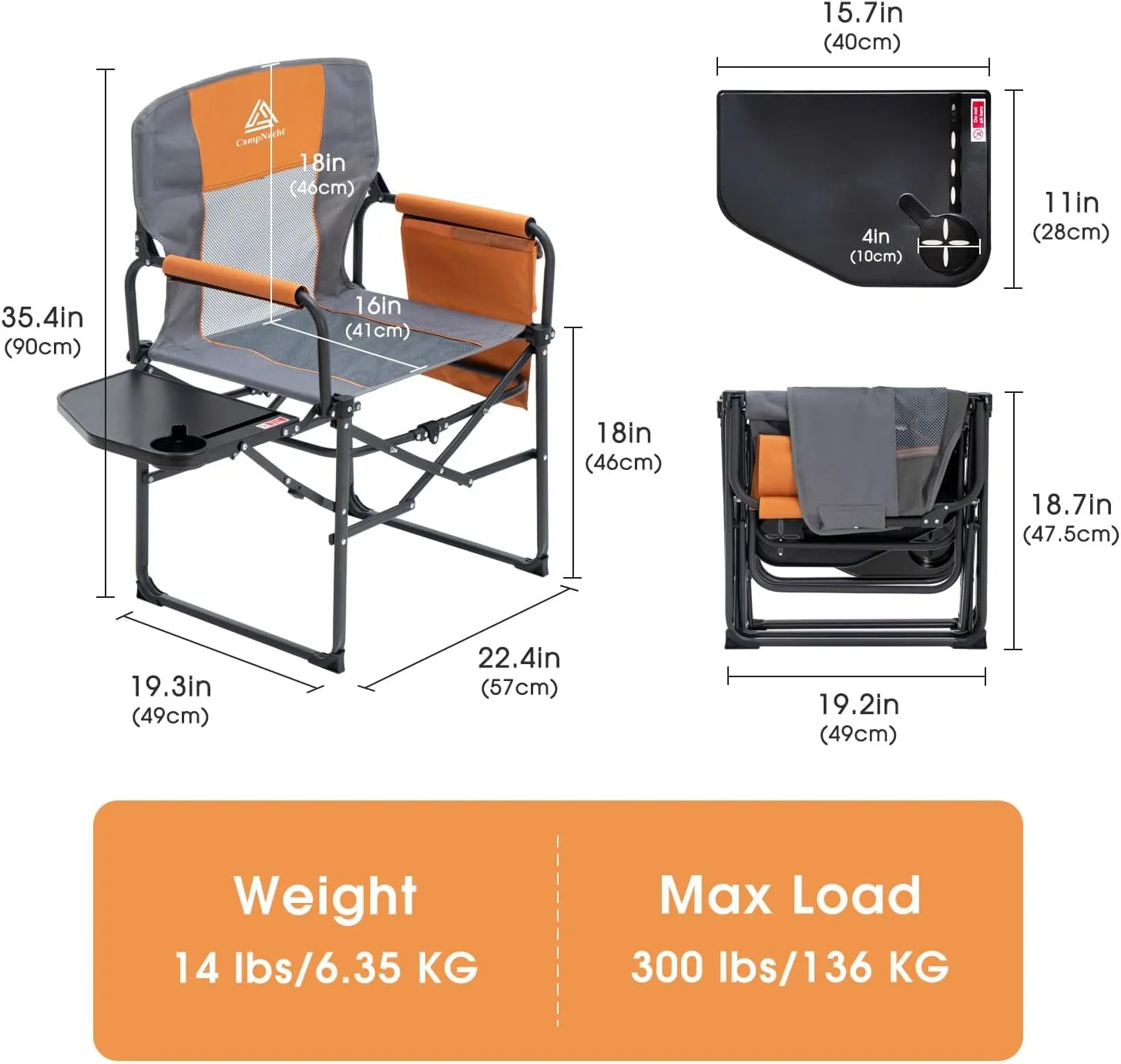 Wide Folding Director Chair with Table, Outdoor Camping Chair for Adults with Cup Holder Load 330 Lbs, Portable Lightweight Chair for Outside with Carry Bag for Patio, Orange-2Pack