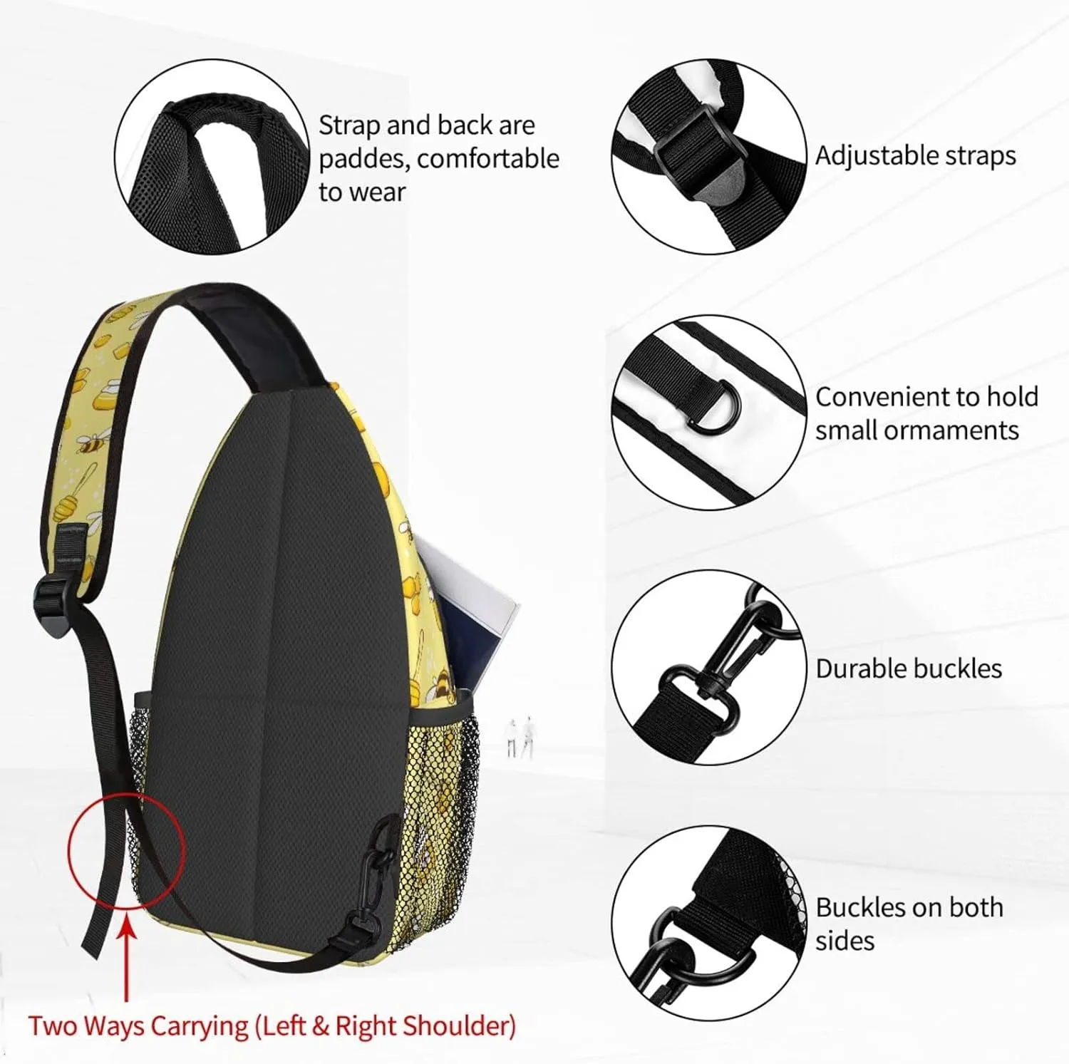 Women Cute Bees and Honey Crossbody Sling Backpack for Men Chest Bag Shoulder Bag Lightweight One Strap Backpack Travel Outdoor Daypack