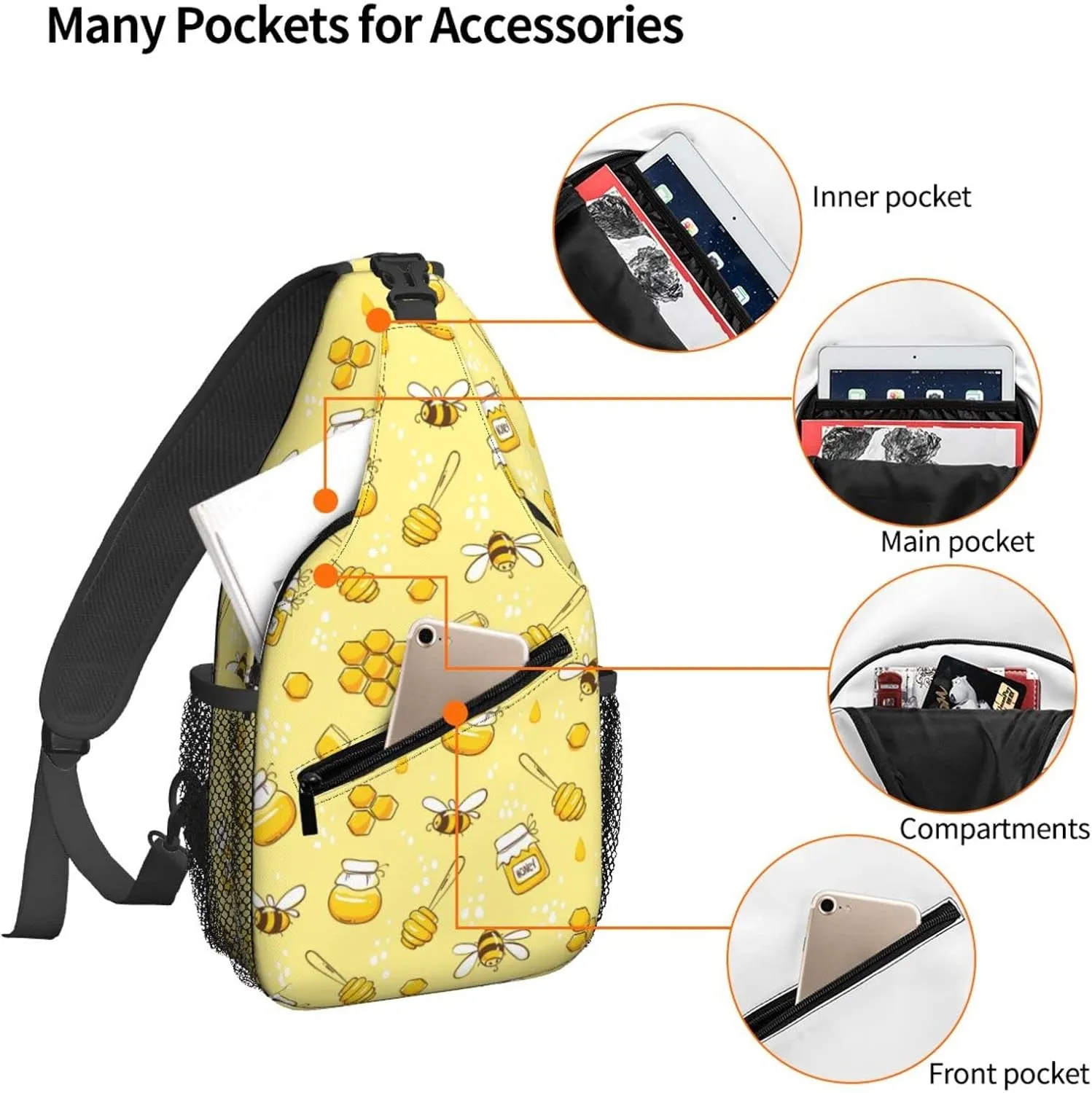 Women Cute Bees and Honey Crossbody Sling Backpack for Men Chest Bag Shoulder Bag Lightweight One Strap Backpack Travel Outdoor Daypack