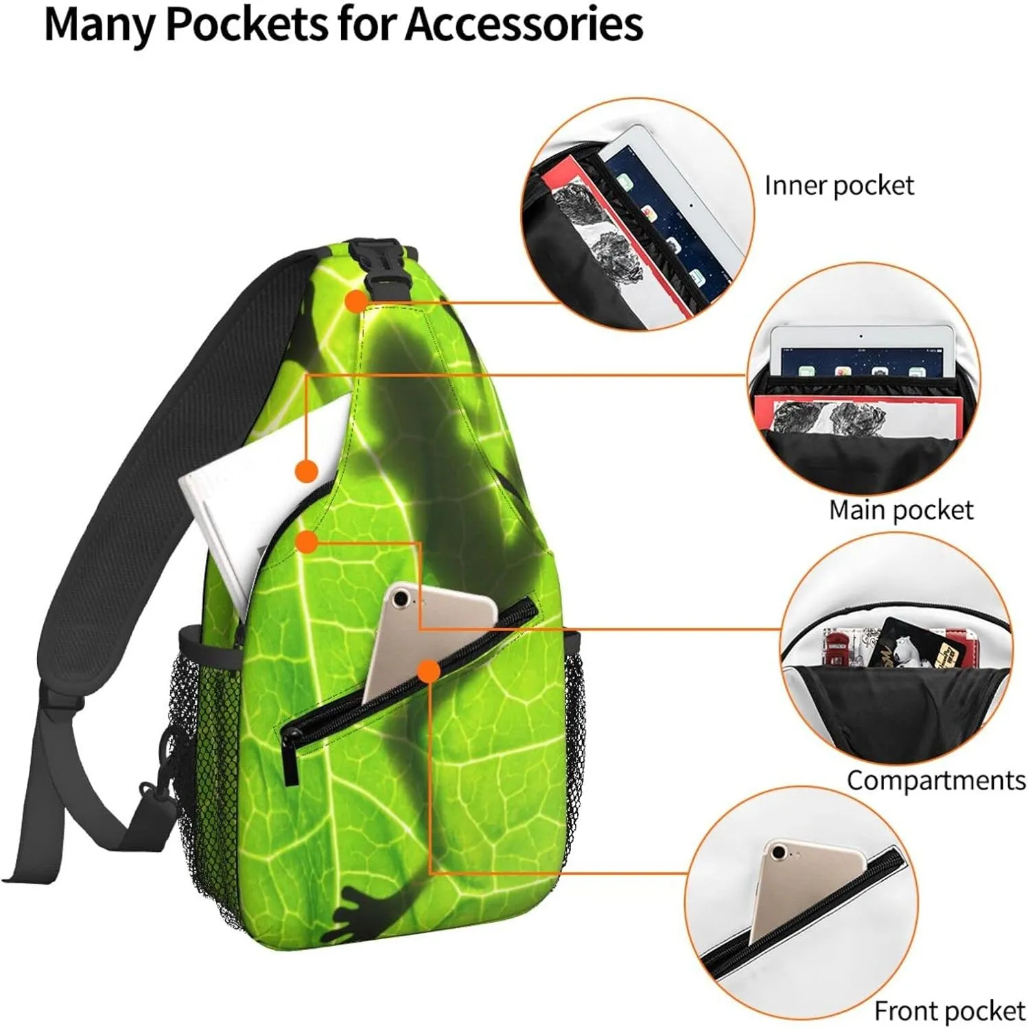 Women Frog Shadow on Leaves Crossbody Sling Backpack for Men Chest Bag Shoulder Bag Lightweight One Strap Backpack Travel Outdoor Daypack