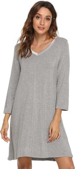 Womens Bamboo Viscose Long Sleeve Nightgown Super Soft Lightweight Night Shirts for Sleeping