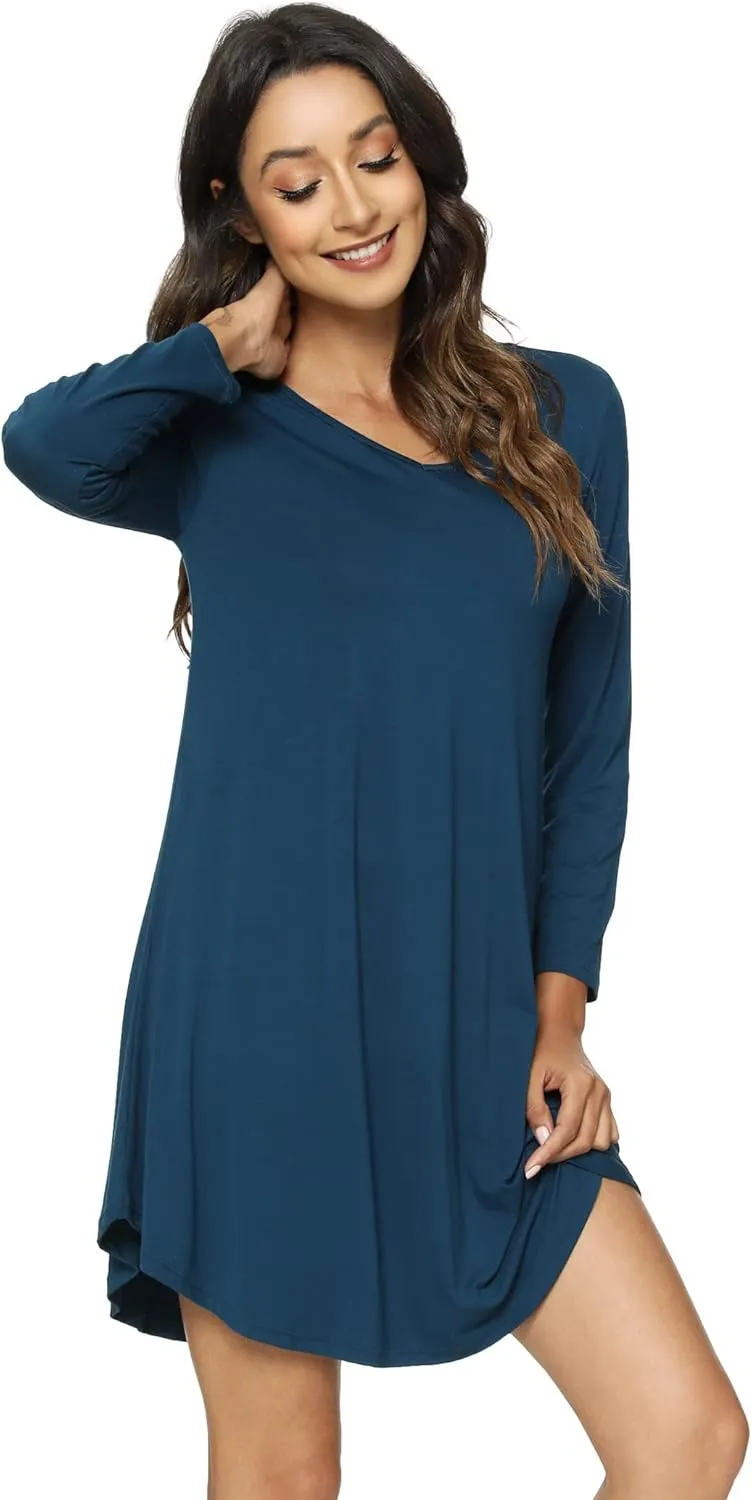 Womens Bamboo Viscose Long Sleeve Nightgown Super Soft Lightweight Night Shirts for Sleeping