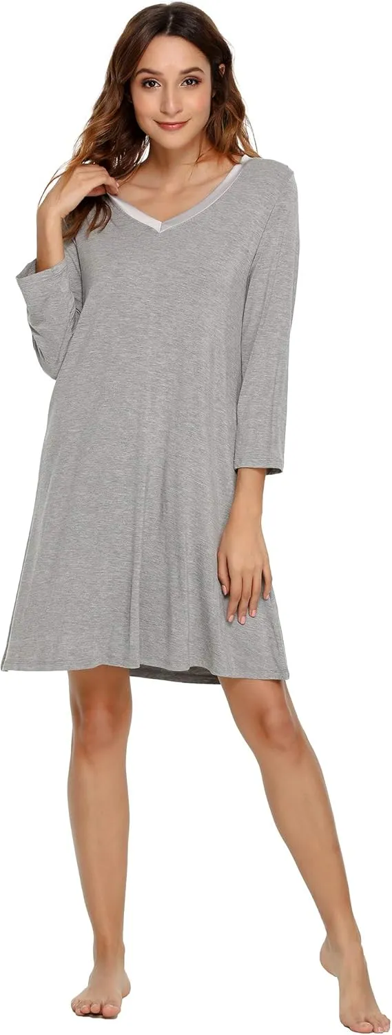 Womens Bamboo Viscose Long Sleeve Nightgown Super Soft Lightweight Night Shirts for Sleeping