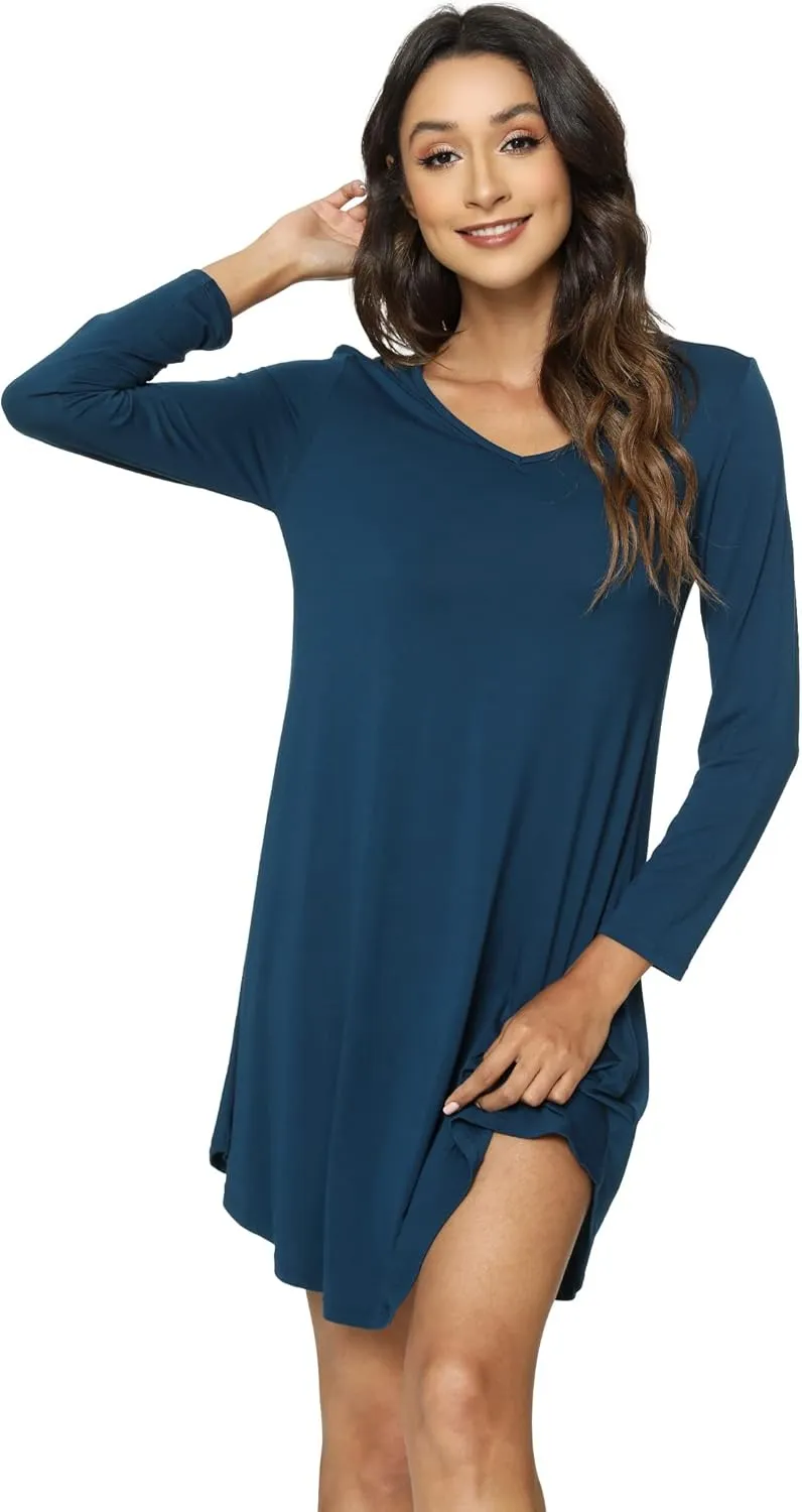 Womens Bamboo Viscose Long Sleeve Nightgown Super Soft Lightweight Night Shirts for Sleeping