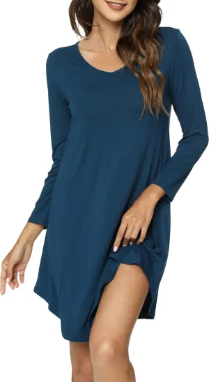 Womens Bamboo Viscose Long Sleeve Nightgown Super Soft Lightweight Night Shirts for Sleeping