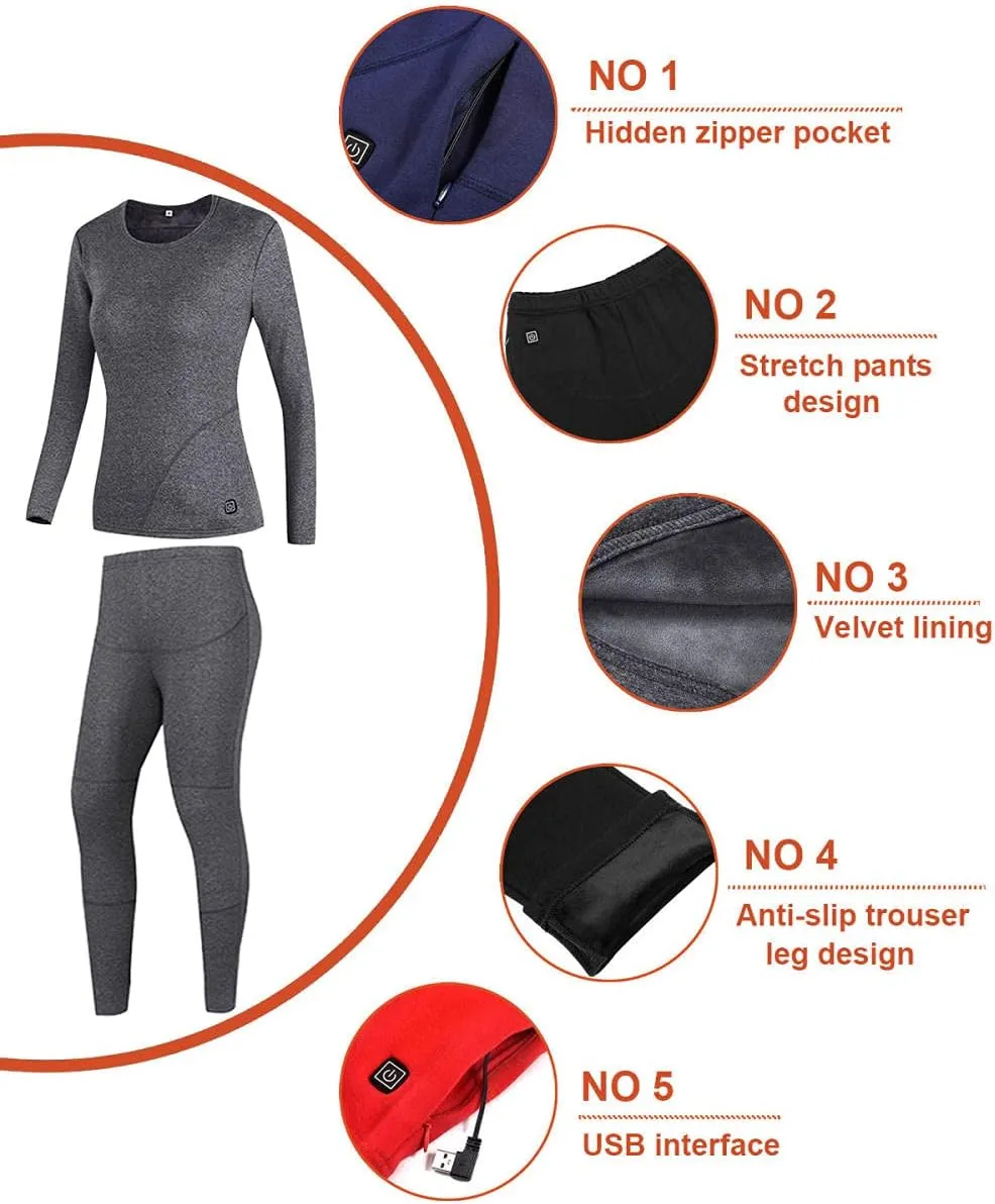 Women's Heated Thermal Underwear set, USB Women's Electric Thermal Long Underwear set, Snow Leggings for Women