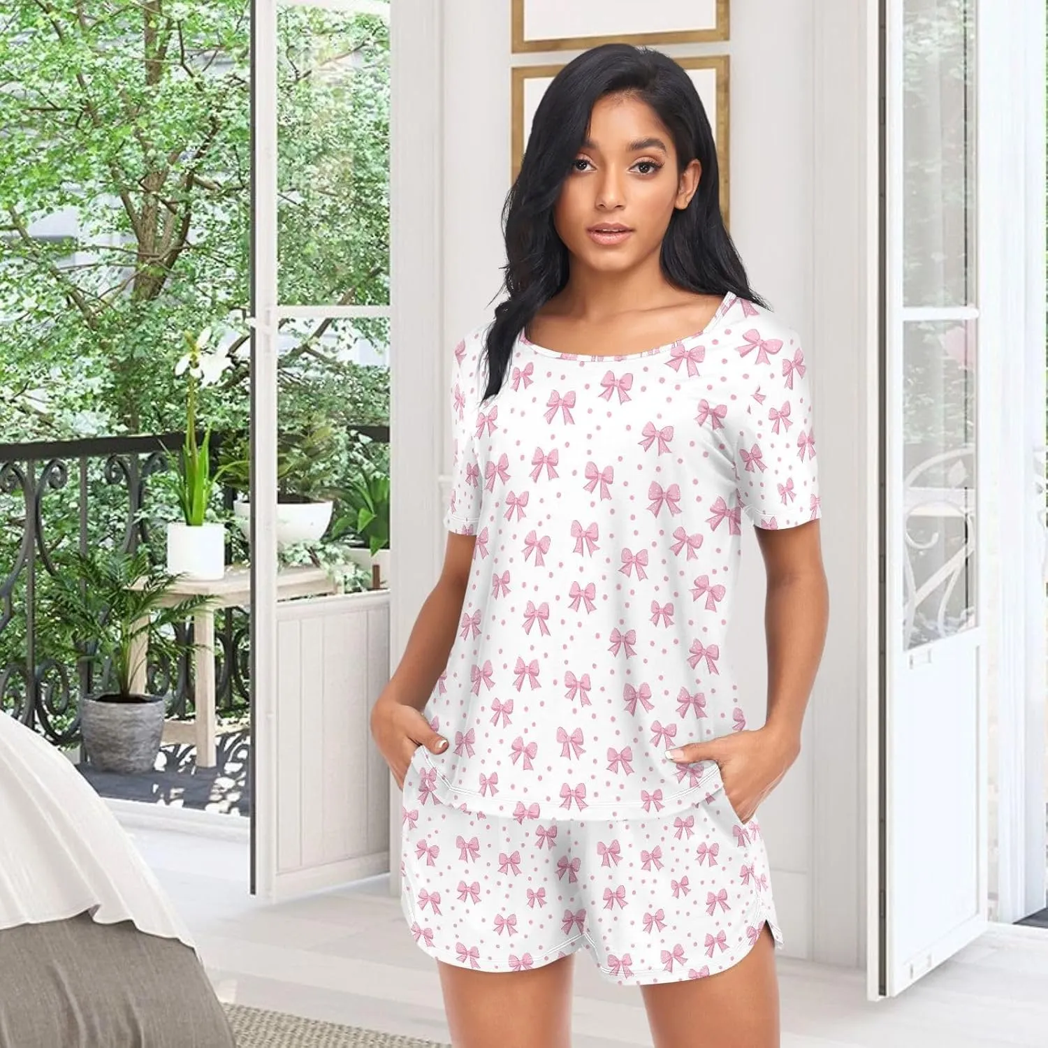 Women's Pajama Set Pink Bows Polka Dots Short Sleeve Sleepwear Soft Pjs Lounge Set with Pockets S-XXL