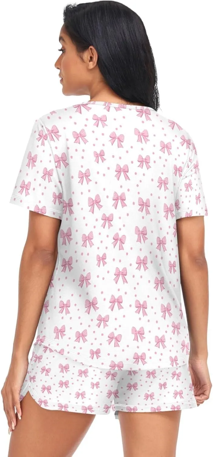 Women's Pajama Set Pink Bows Polka Dots Short Sleeve Sleepwear Soft Pjs Lounge Set with Pockets S-XXL