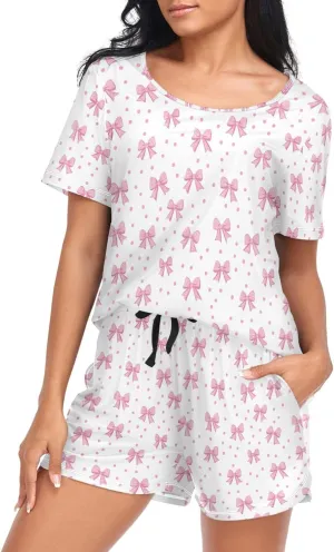 Women's Pajama Set Pink Bows Polka Dots Short Sleeve Sleepwear Soft Pjs Lounge Set with Pockets S-XXL