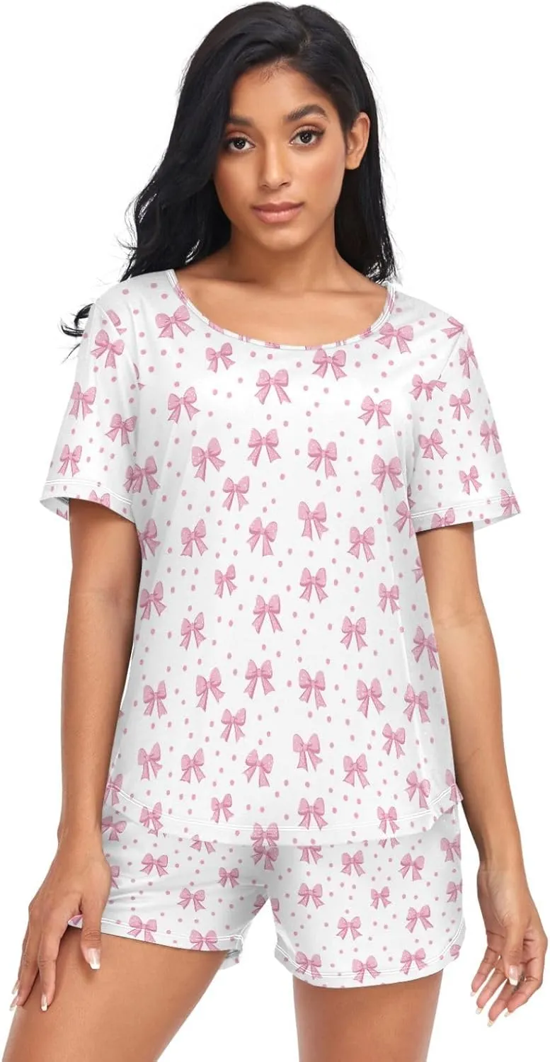 Women's Pajama Set Pink Bows Polka Dots Short Sleeve Sleepwear Soft Pjs Lounge Set with Pockets S-XXL