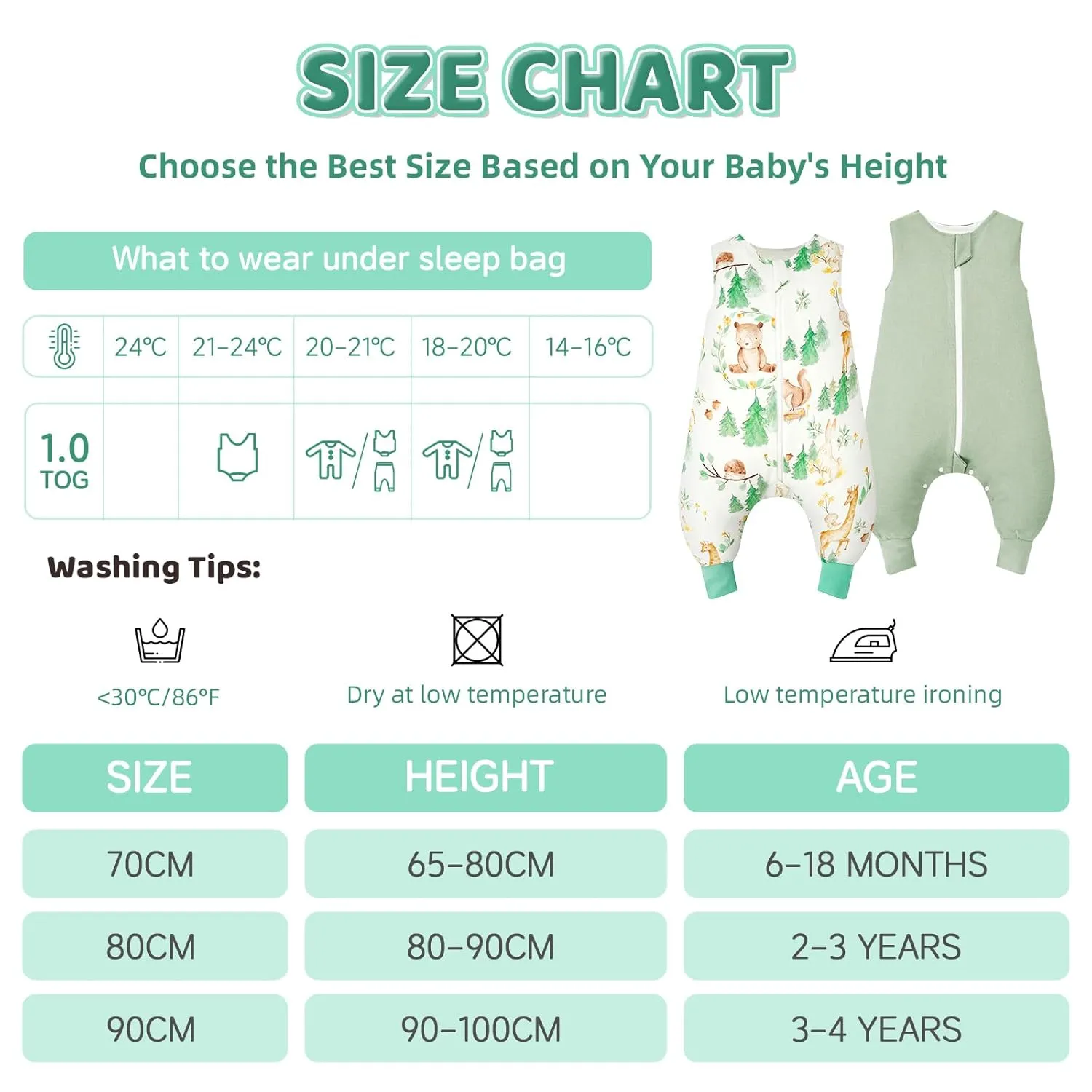 WYTbaby 2 Pack Toddler Sleep Sack with Feet 1.0 Tog 2t-3t, 100% Cotton Sleeveless Toddler Wearable Blanket Baby Sleeping Bag, Forest Animals   Dark Green