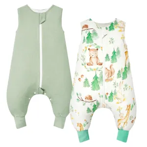 WYTbaby 2 Pack Toddler Sleep Sack with Feet 1.0 Tog 2t-3t, 100% Cotton Sleeveless Toddler Wearable Blanket Baby Sleeping Bag, Forest Animals   Dark Green
