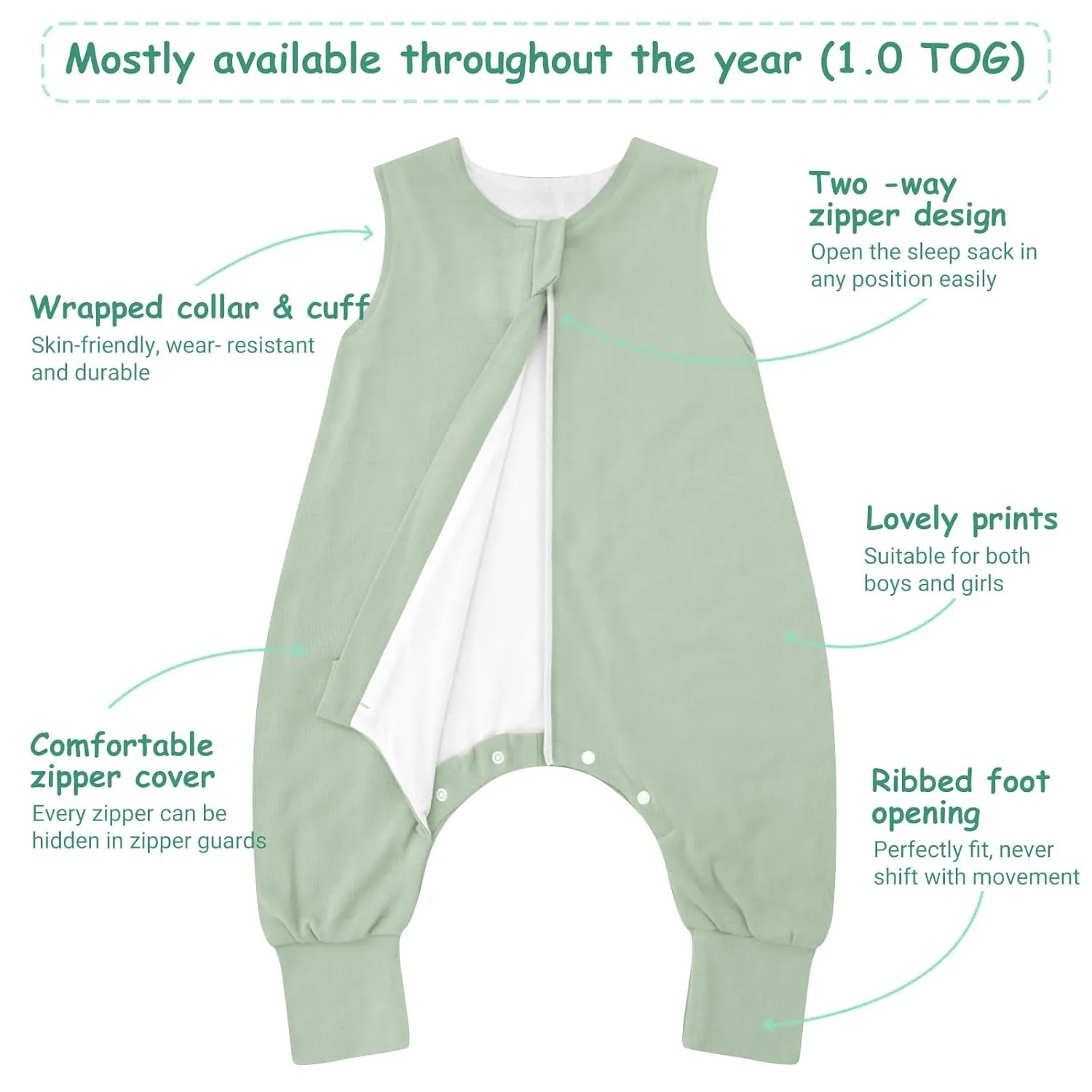 WYTbaby 2 Pack Toddler Sleep Sack with Feet 1.0 Tog 2t-3t, 100% Cotton Sleeveless Toddler Wearable Blanket Baby Sleeping Bag, Forest Animals   Dark Green