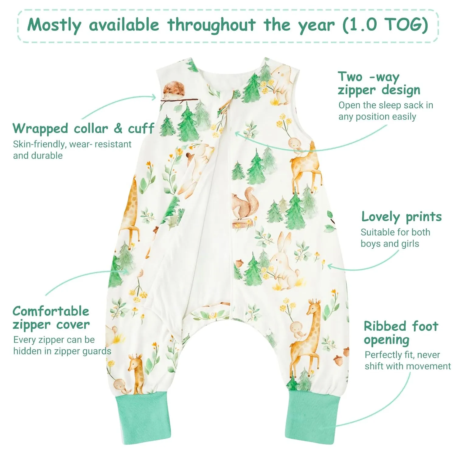 WYTbaby 2 Pack Toddler Sleep Sack with Feet 1.0 Tog 2t-3t, 100% Cotton Sleeveless Toddler Wearable Blanket Baby Sleeping Bag, Forest Animals   Dark Green