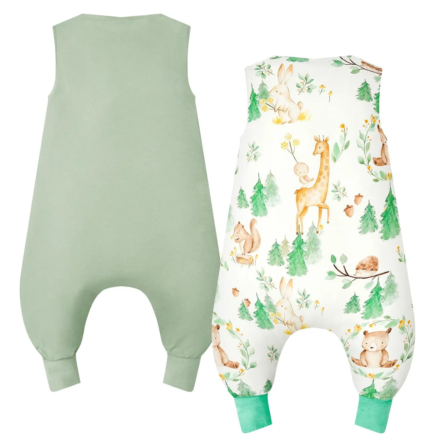 WYTbaby 2 Pack Toddler Sleep Sack with Feet 1.0 Tog 2t-3t, 100% Cotton Sleeveless Toddler Wearable Blanket Baby Sleeping Bag, Forest Animals   Dark Green