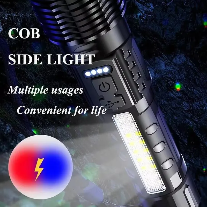 XHP70 LED Rechargeable Flashlight with 7 Modes & Side Light