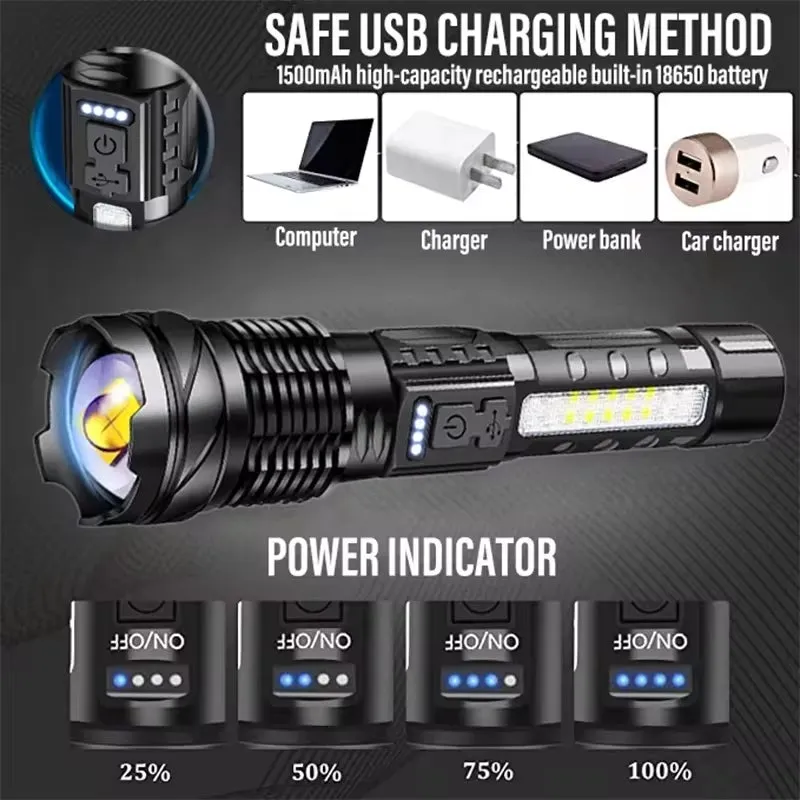 XHP70 LED Rechargeable Flashlight with 7 Modes & Side Light