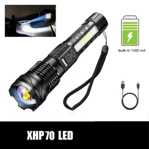 XHP70 LED Rechargeable Flashlight with 7 Modes & Side Light