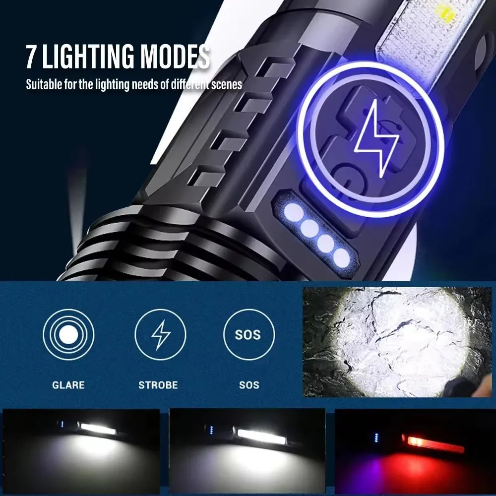 XHP70 LED Rechargeable Flashlight with 7 Modes & Side Light