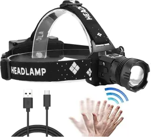 XHP99 Head Flashlight with LED Charging, 10000 lumens Battery-Powered Waterproof Headlight, zoomable Headlight and Motion Sensor for Camping Operation, Hiking, Fishing Emergency