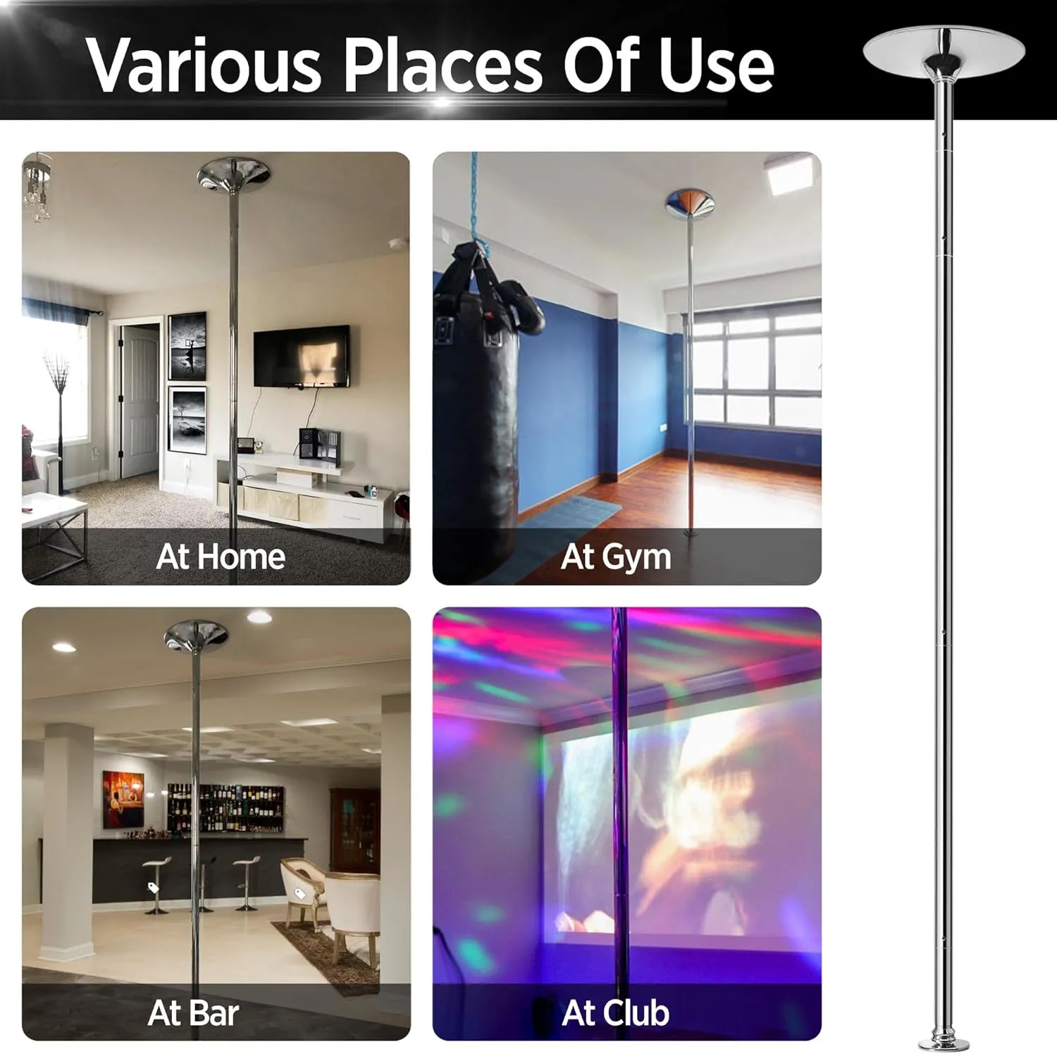 Yaheetech Dance Pole Spinning Static Dancing Pole Portable Removable for Home Club Bar Gym 44.5-108.3” Height Adjustable & Weight Capacity 500lb, Silver/Gold