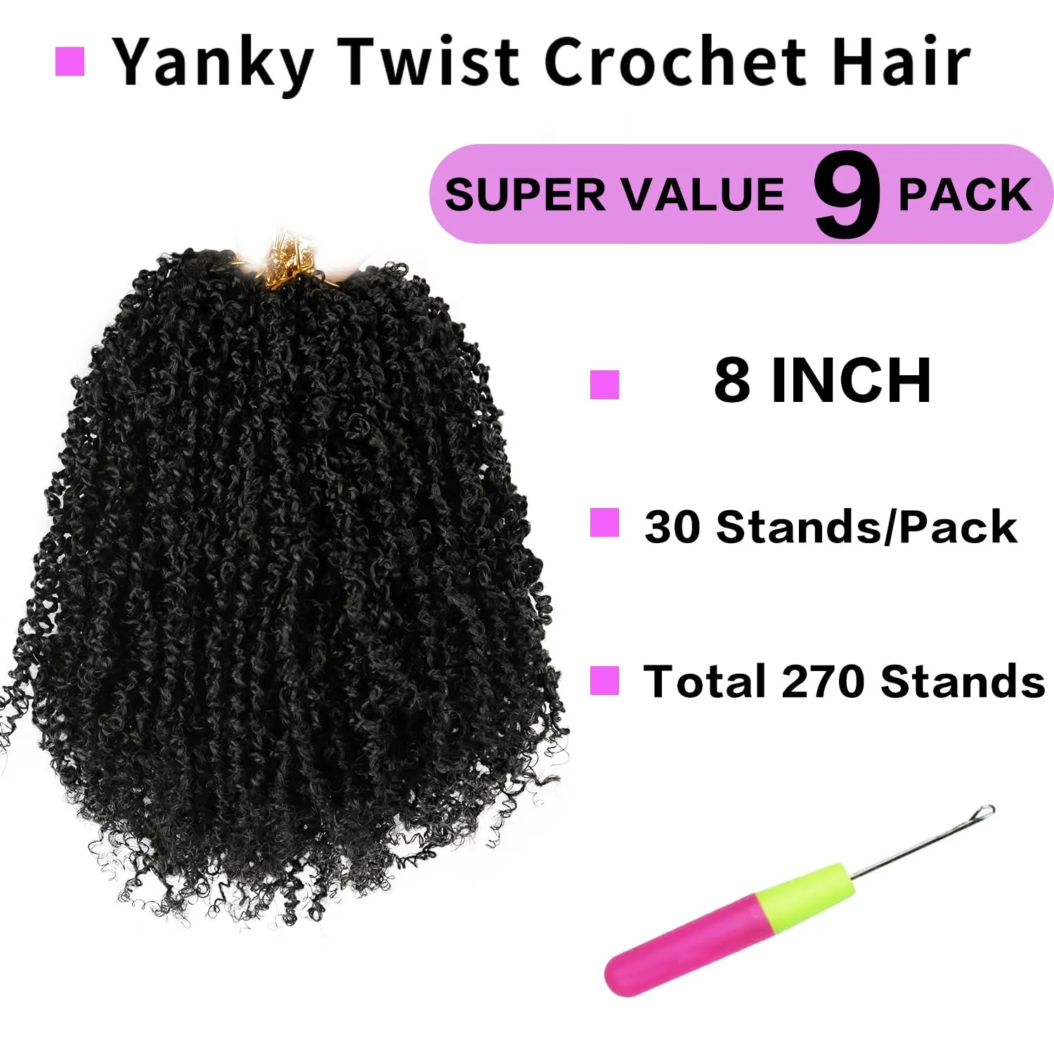 Yanky Twist Crochet Hair 9 Packs (270 Strands) - Pre-looped Crochet Hair, Pre-Twisted, Tangle-Free, Lightweight Crochet Braids Synthetic Hair Extensions for Women (1B, 8 Inch)