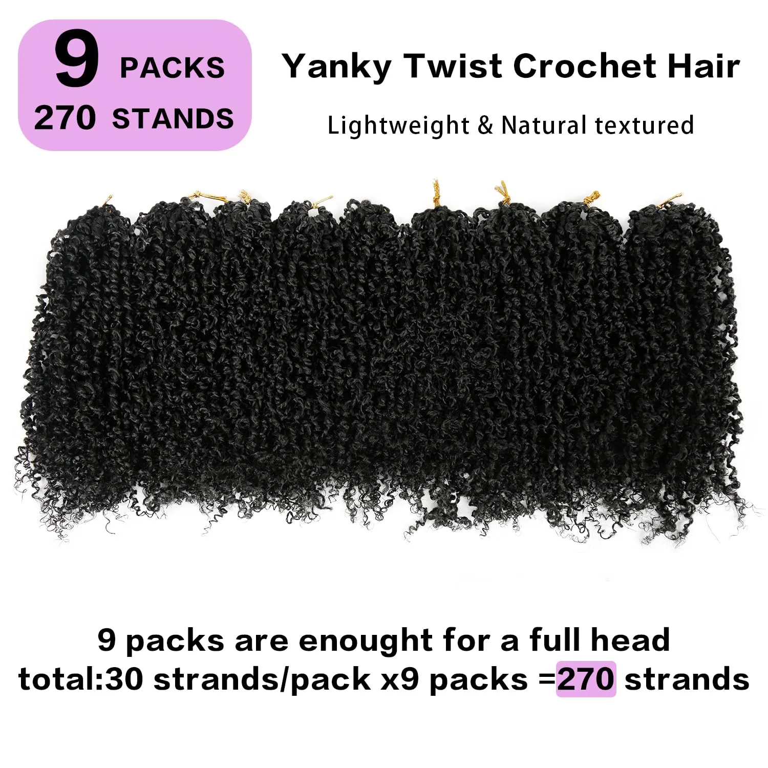 Yanky Twist Crochet Hair 9 Packs (270 Strands) - Pre-looped Crochet Hair, Pre-Twisted, Tangle-Free, Lightweight Crochet Braids Synthetic Hair Extensions for Women (1B, 8 Inch)