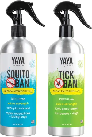 YAYA Organics Tick Ban   Squito Ban Duo Pack | All Natural Tick Repellent and Mosquito Spray Made with Essential Oils, Deet-Free | 2 16oz Spray Bottles