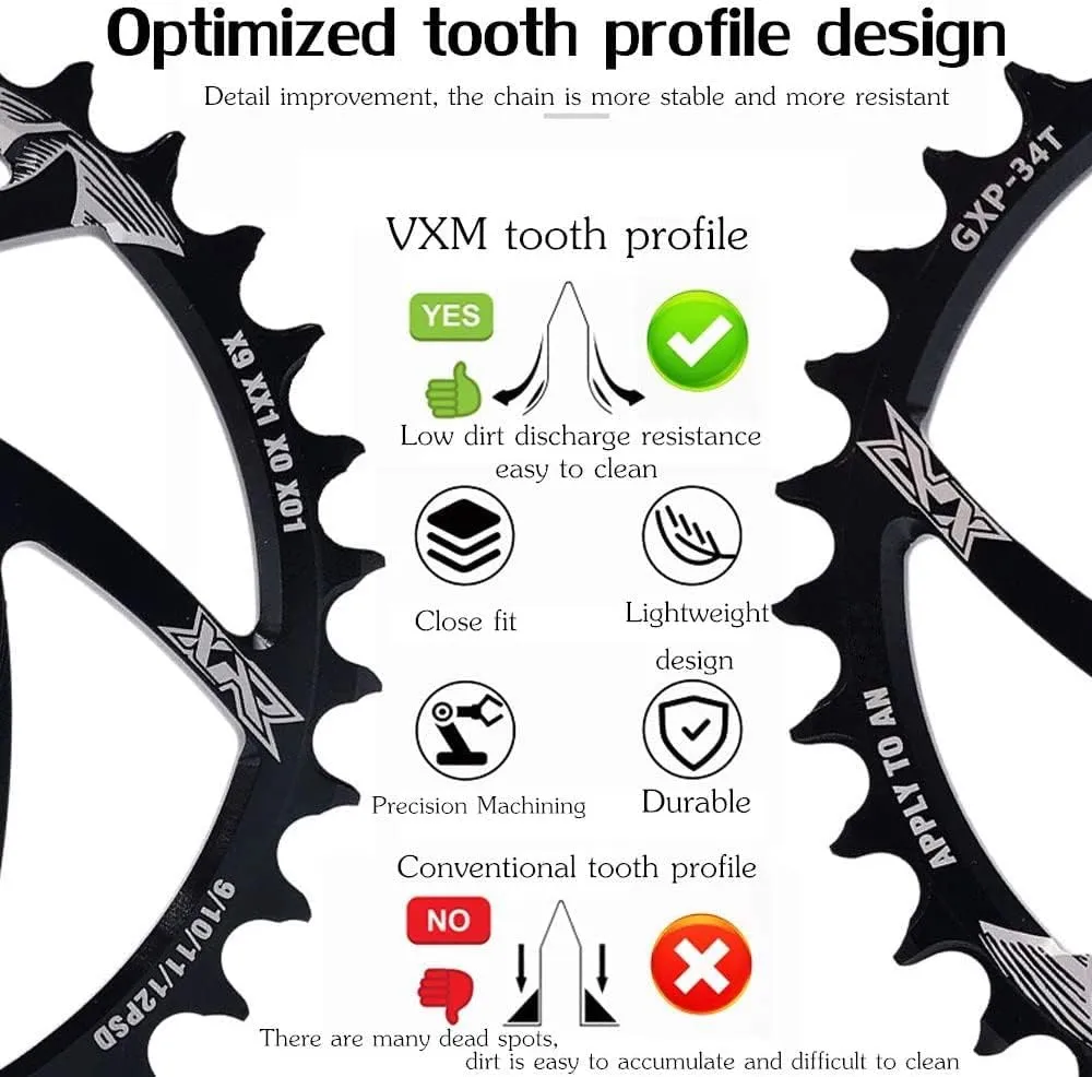 YBEKI Narrow-Wide Chainring 30T-38T - CNC 7075-T6 Aluminum MTB Chainwheel for SRAM GXP/XX1/X01 (3mm/6mm Offset) | Eagle Tooth Design | Ultra-Light 60-80g | Hard Anodized Black
