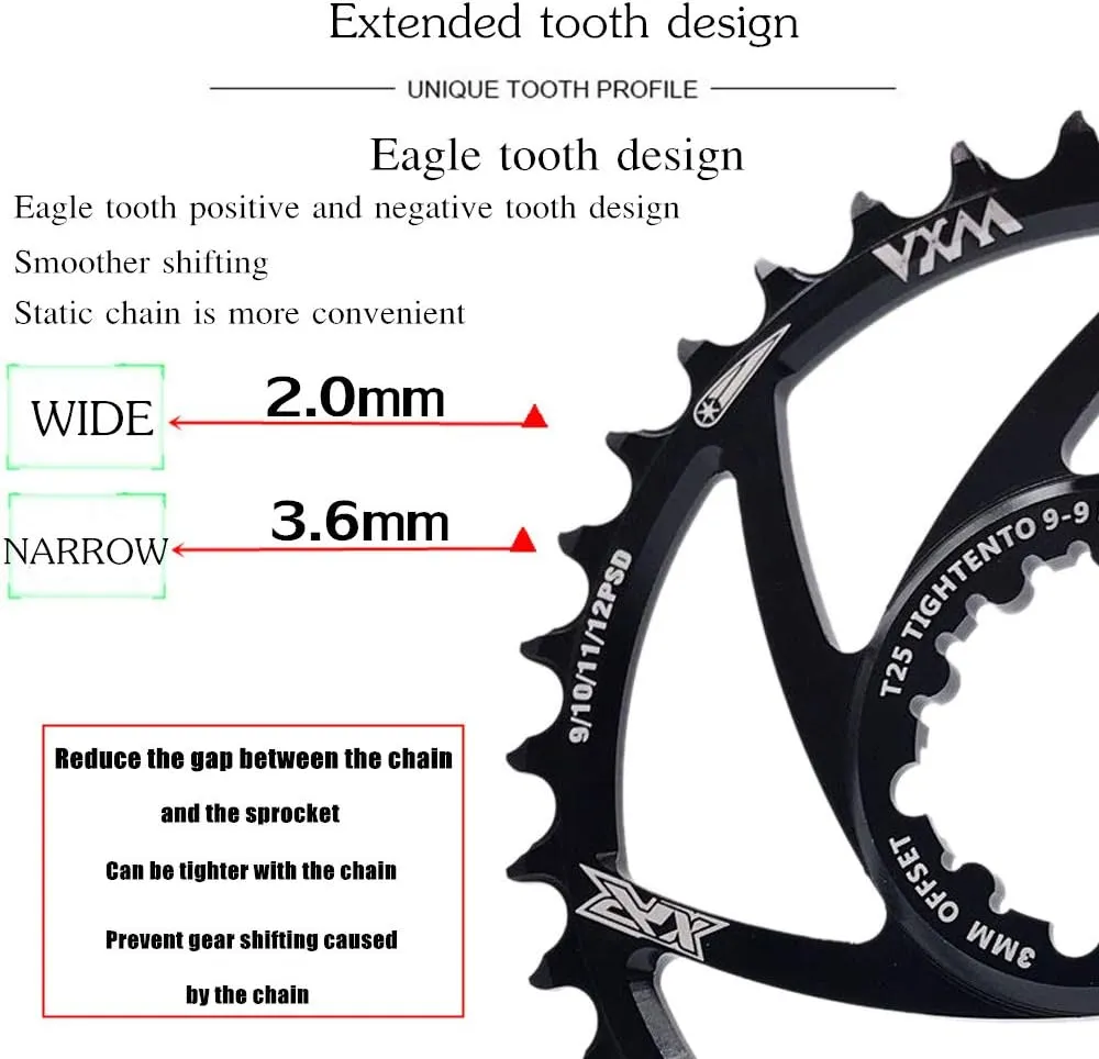 YBEKI Narrow-Wide Chainring 30T-38T - CNC 7075-T6 Aluminum MTB Chainwheel for SRAM GXP/XX1/X01 (3mm/6mm Offset) | Eagle Tooth Design | Ultra-Light 60-80g | Hard Anodized Black