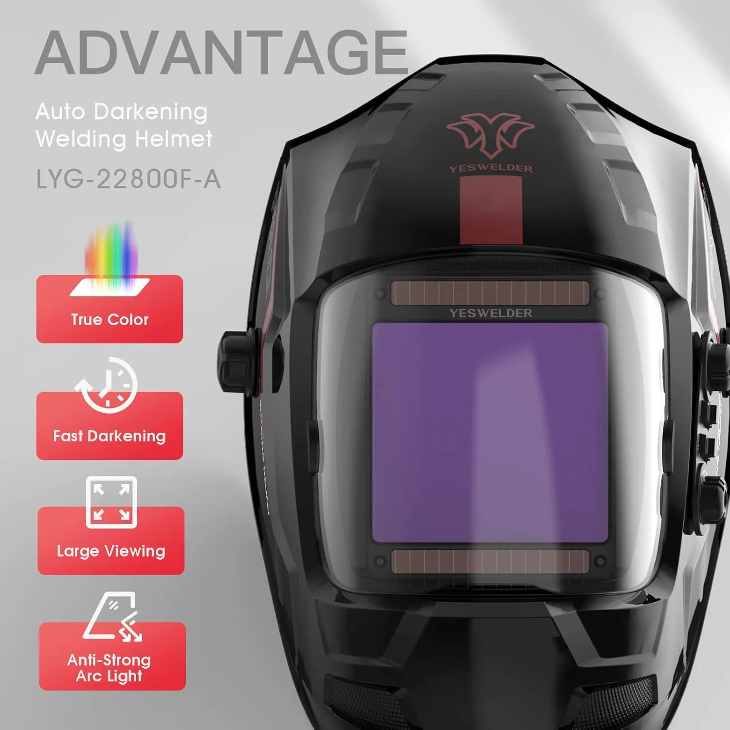 YESWELDER Large Viewing Screen True Color Solar Power Auto Darkening Welding Helmet, Hemispherical Lens for TIG MIG Arc Weld Grinding Welder Mask