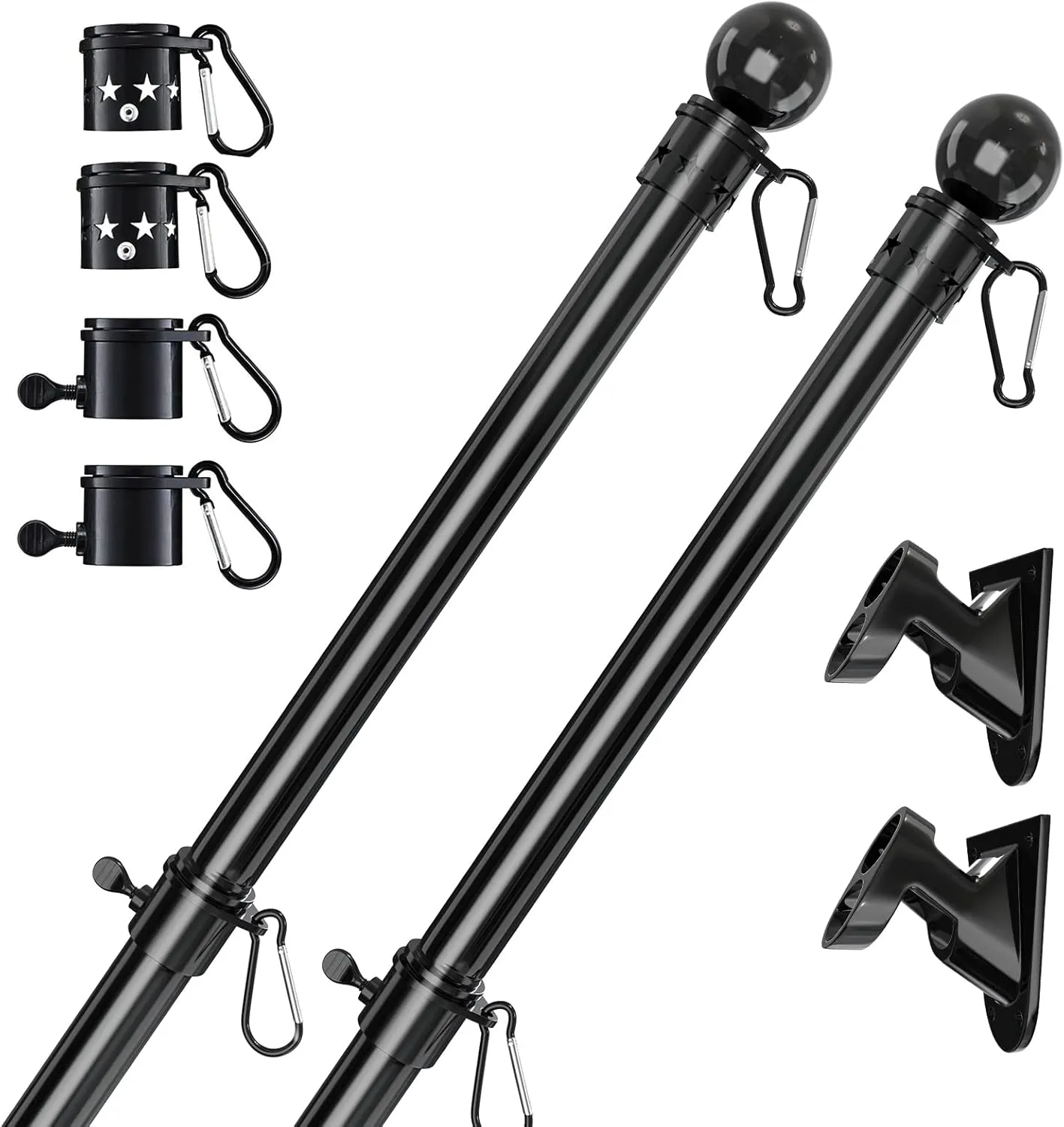 YeYeBest Flag Pole, 6 FT-2PACK Flag Pole Kit for House, 2 No-Tangle Rings Clips, Flag Holder Bracket, Stainless Steel, Black