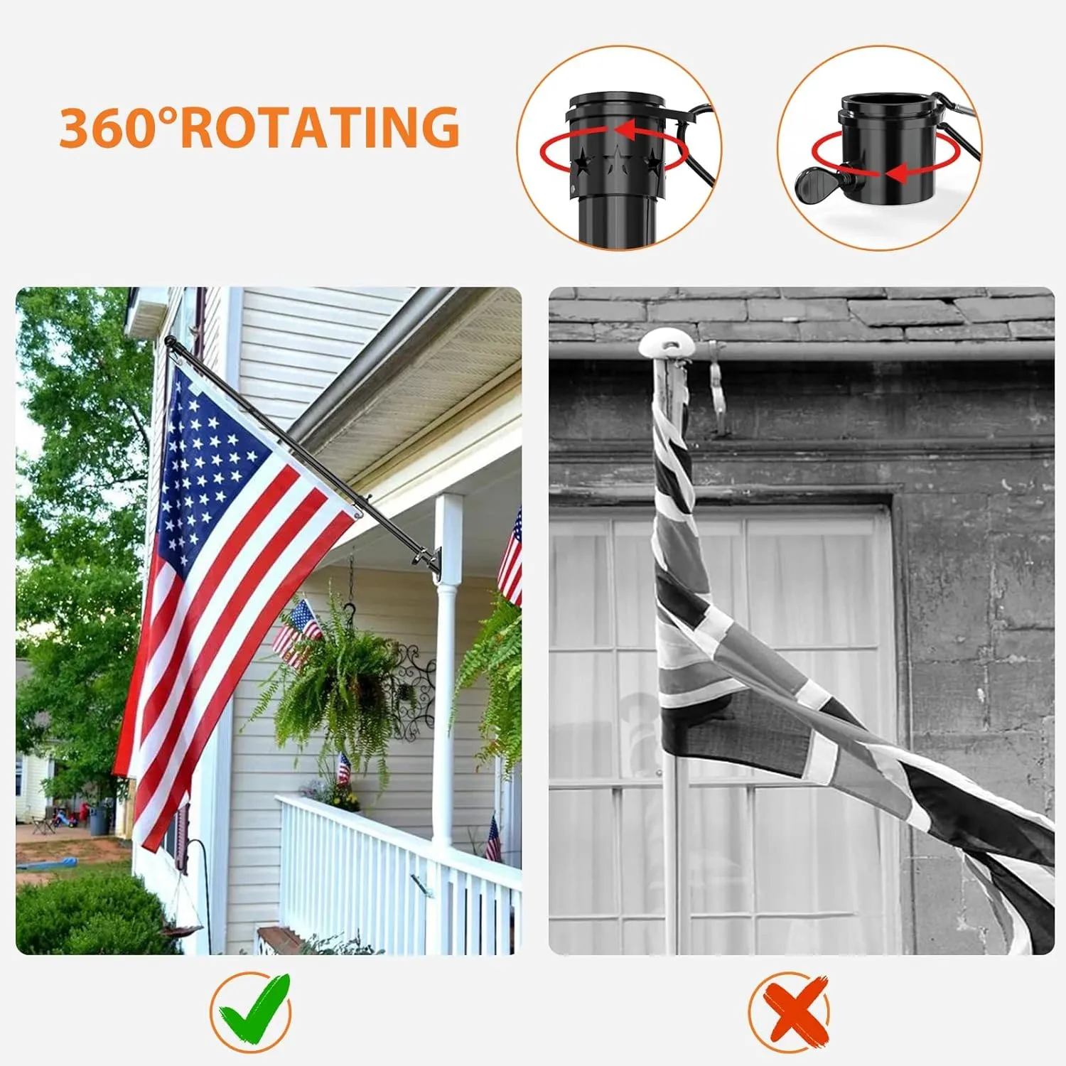 YeYeBest Flag Pole, 6 FT-2PACK Flag Pole Kit for House, 2 No-Tangle Rings Clips, Flag Holder Bracket, Stainless Steel, Black