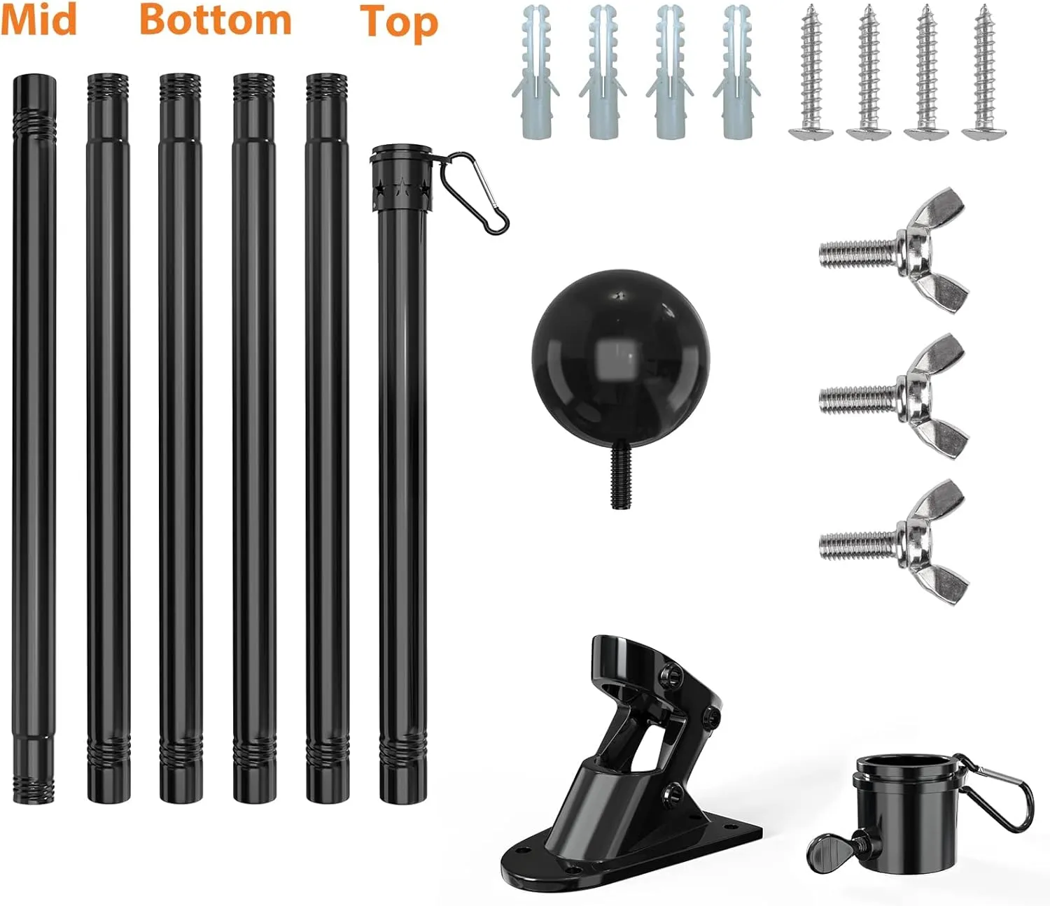 YeYeBest Flag Pole, 6 FT-2PACK Flag Pole Kit for House, 2 No-Tangle Rings Clips, Flag Holder Bracket, Stainless Steel, Black