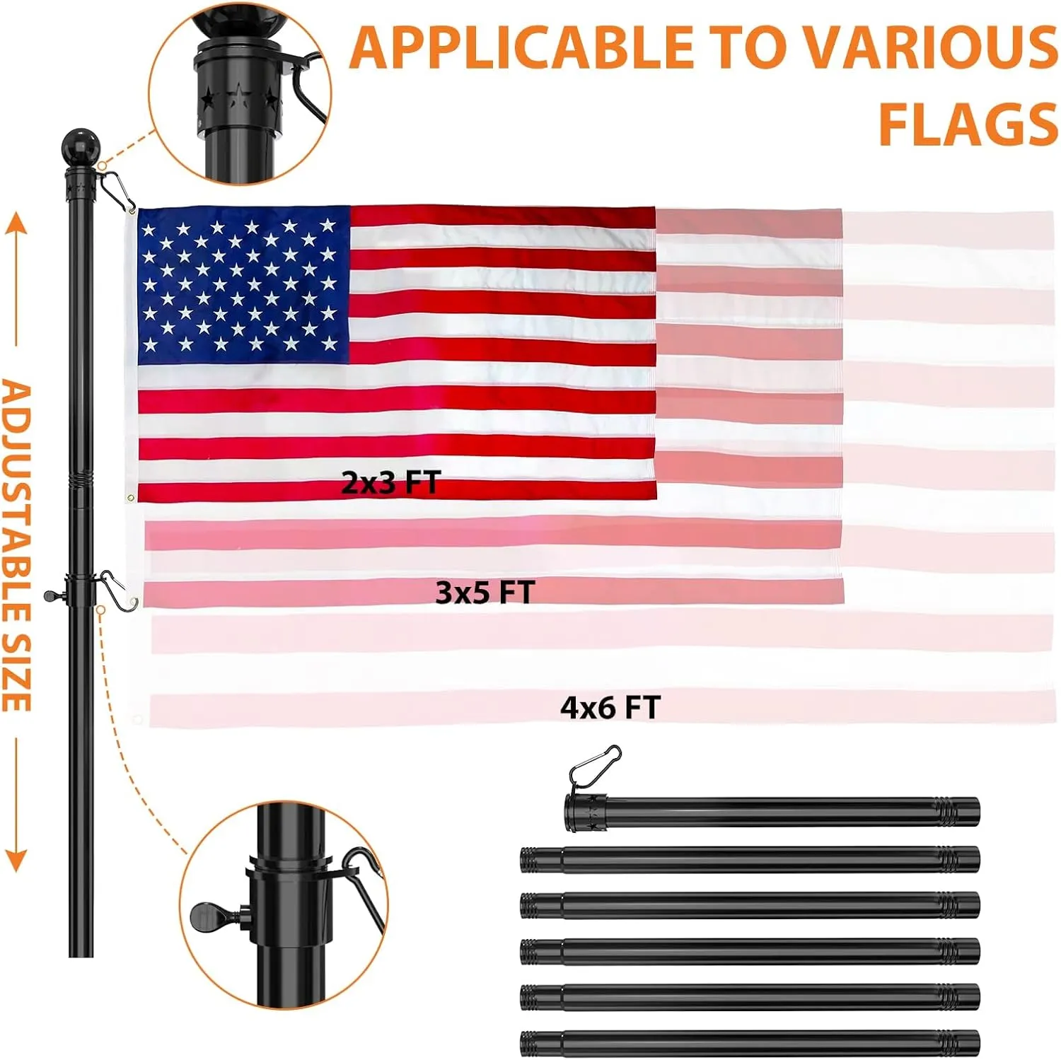 YeYeBest Flag Pole, 6 FT-2PACK Flag Pole Kit for House, 2 No-Tangle Rings Clips, Flag Holder Bracket, Stainless Steel, Black