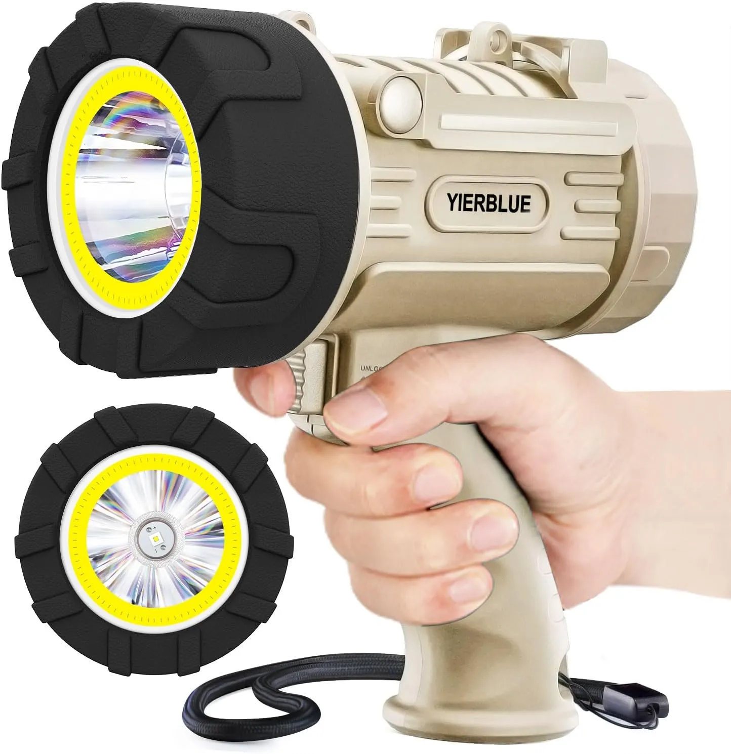YIERBLUE Rechargeable Spotlight Floodlight Combo 1500 Lumen LED, IP67 Waterproof Spot Light COB Flood Light, Impact Resistant Handheld Spotlight with Foldable Stand and Detachable Red Lens