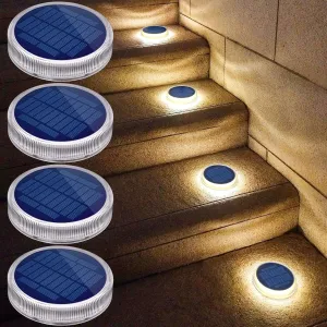 YiLaie LED Solar Deck Lights Outdoor Round Stick on Solar Powered Waterproof, Auto ON/Off Solar Stair Lights for Garden Patio Concrete Pathway Walkway Driveway(4 Pack)