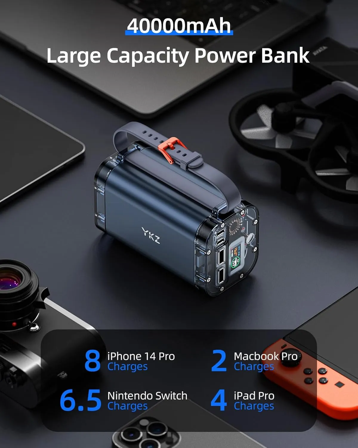 YKZ 100W Laptop Portable Charger 40000mAh, Waterproof Big Power Bank with Digital Display 5 Modes Lighting, USB C PD Battery Pack for Outdoor Camping Road Trips and Emergency Home Backup