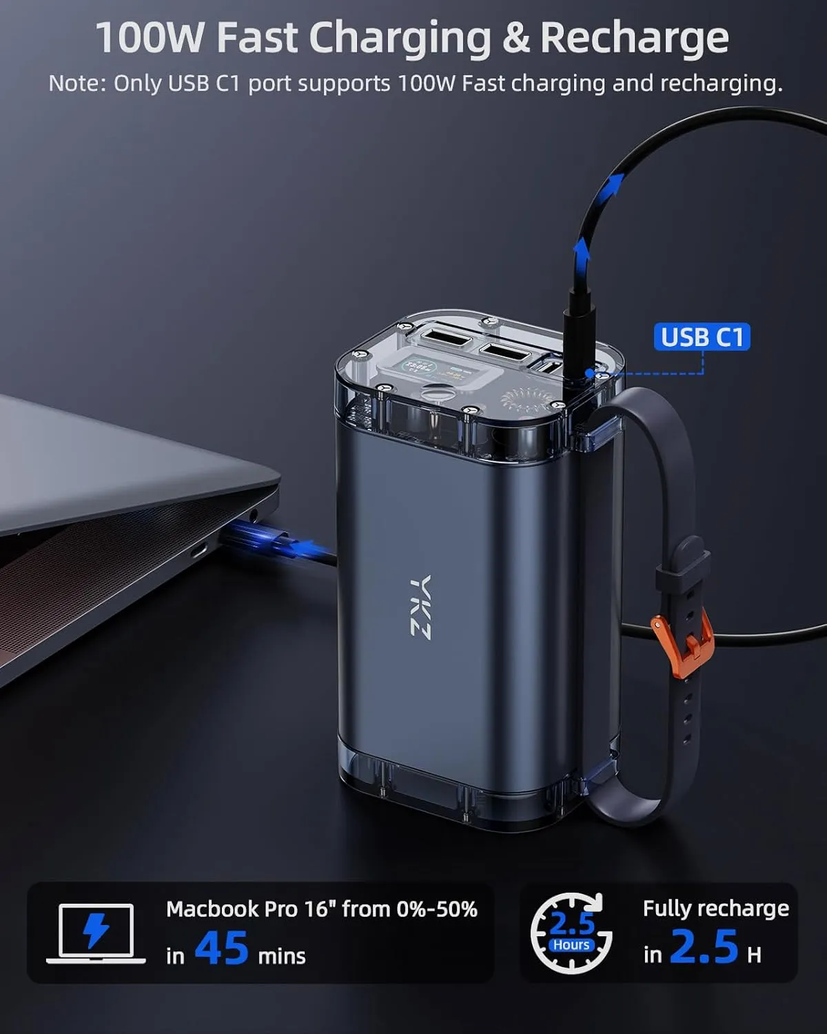 YKZ 100W Laptop Portable Charger 40000mAh, Waterproof Big Power Bank with Digital Display 5 Modes Lighting, USB C PD Battery Pack for Outdoor Camping Road Trips and Emergency Home Backup
