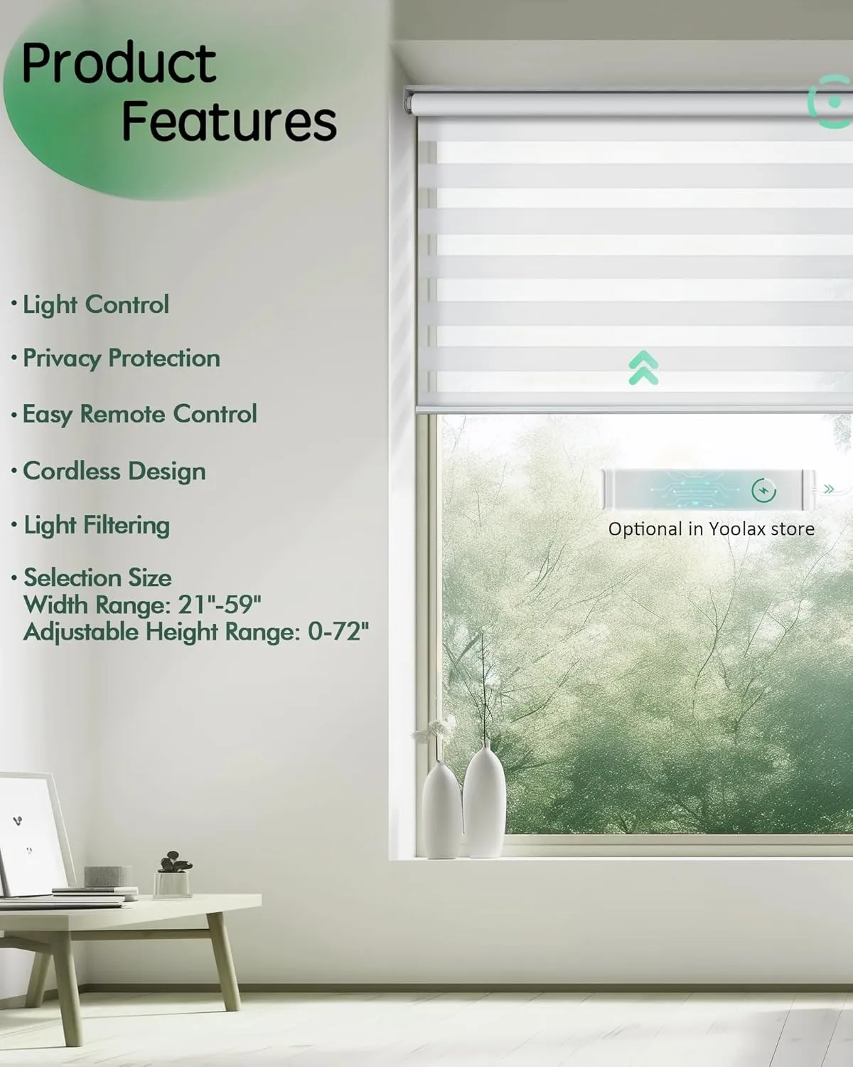 Yoolax Motorized Zebra Blinds, Remote Zebra Shades for Indoor Windows, Motorized Shades with Remote Light Control Horizontal Window Blinds (80% Shading White, 34" x 72")