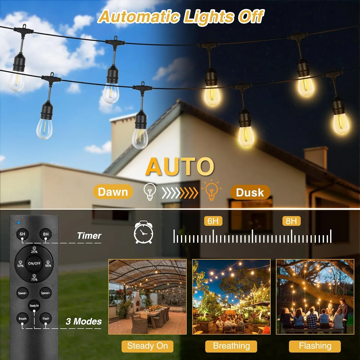 ZJOJO 50FT Solar String Lights - Outdoor Waterproof with 16 Plastic Shatterproof Bulbs, IP65 Grade LED Patio Lights with Solar Power & USB Port