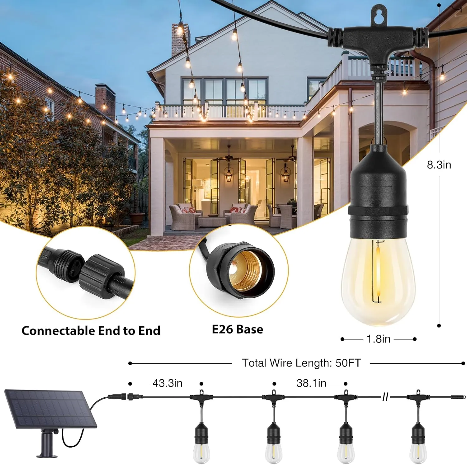 ZJOJO 50FT Solar String Lights - Outdoor Waterproof with 16 Plastic Shatterproof Bulbs, IP65 Grade LED Patio Lights with Solar Power & USB Port